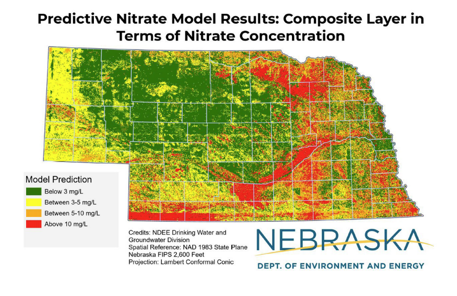 Map of Nebraska showing nitrate concentration levels in groundwater. Color-coded with green indicating below 3 mg/L, yellow between 3-5 mg/L, orange between 5-10 mg/L, and red above 10 mg/L.