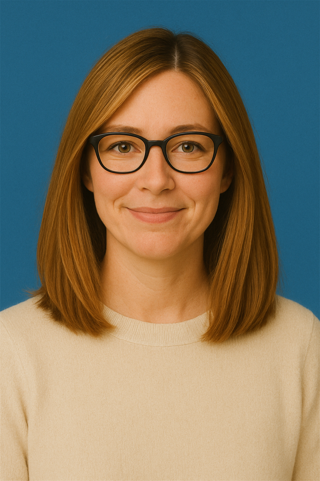 Jeune femme avec des cheveux roux, portant des lunettes noires, souriant, habillée d'un pull beige, contre un fond bleu.