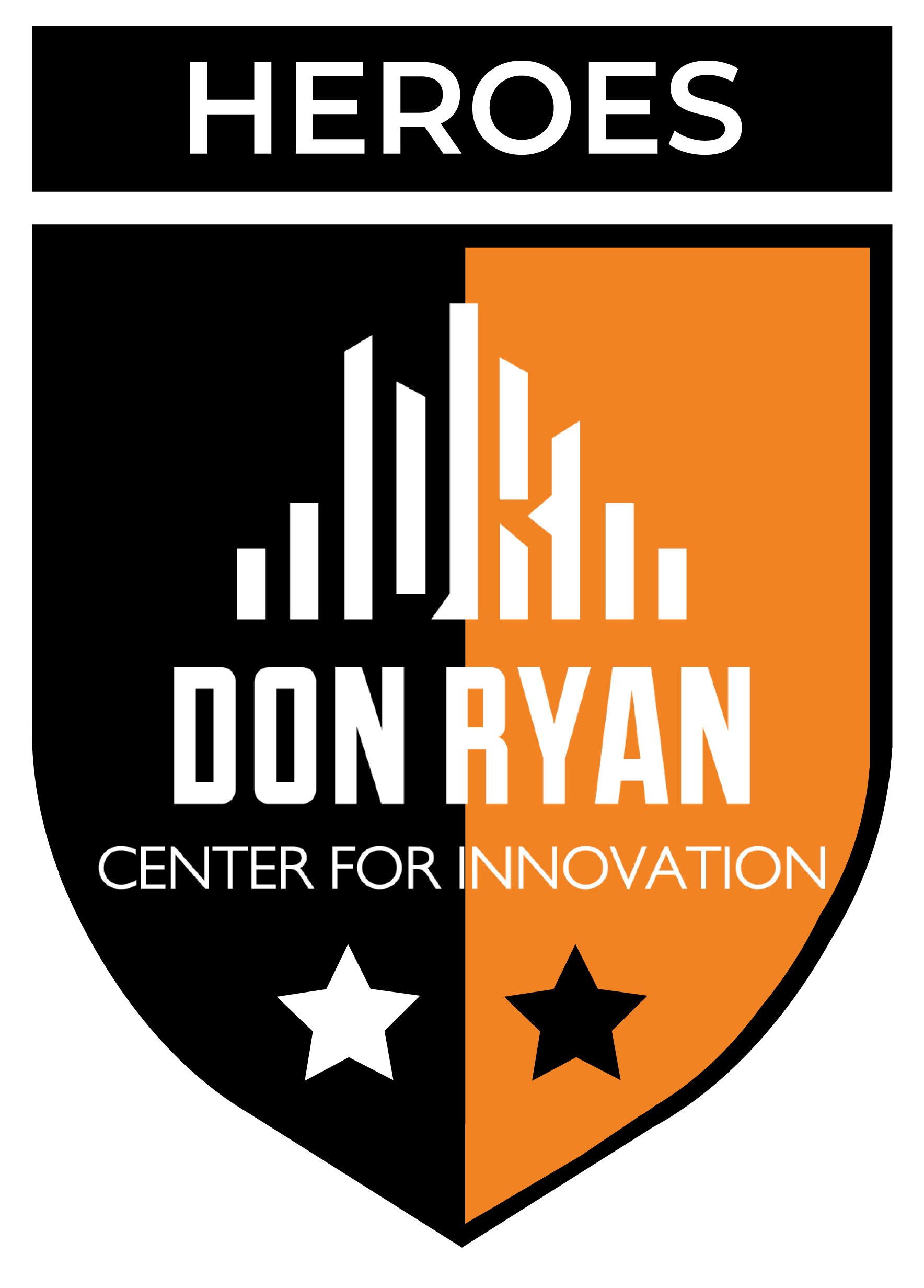 A shield-shaped emblem divided vertically into black and orange halves. The top features the word 'HEROES' in bold white letters. Below are stylized white and black bar graphs on each side, with the words 'Don Ryan' in large white letters and 'Center for Innovation' beneath in smaller white and orange text. There are two stars at the bottom, one white and one black.