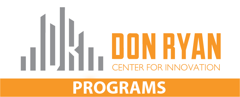 Logo for Don Ryan Center for Innovation with stylized buildings, the name in orange text, and a banner with the word 'Programs' in white.