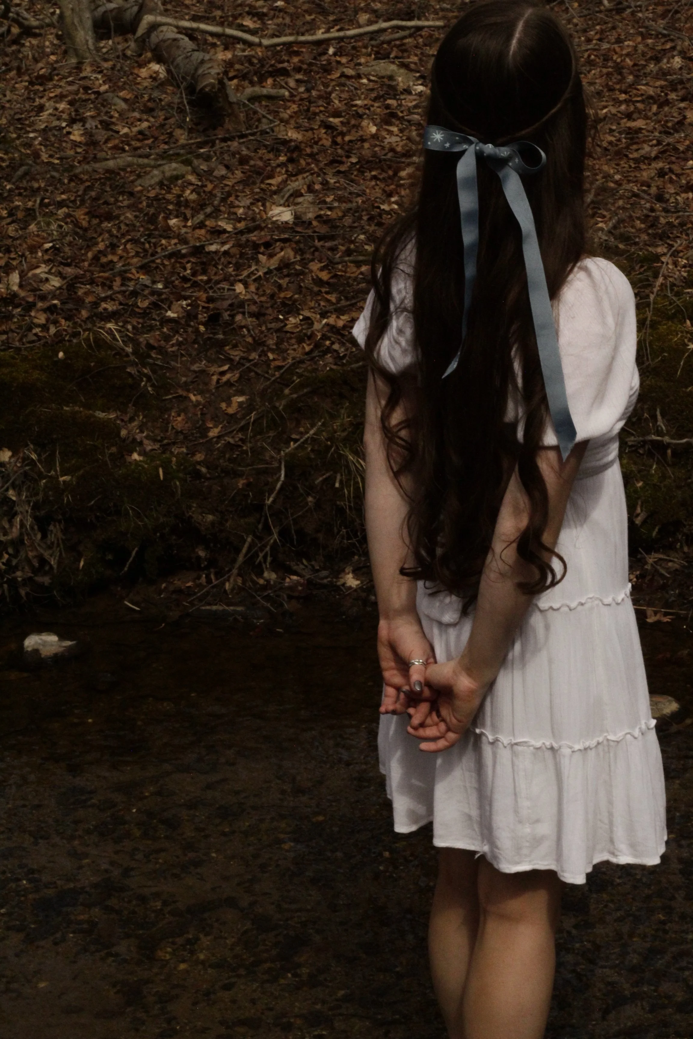 A young girl with long dark hair tied with a blue ribbon, wearing a white dress, stands near a small creek in a wooded area, facing away from the camera.