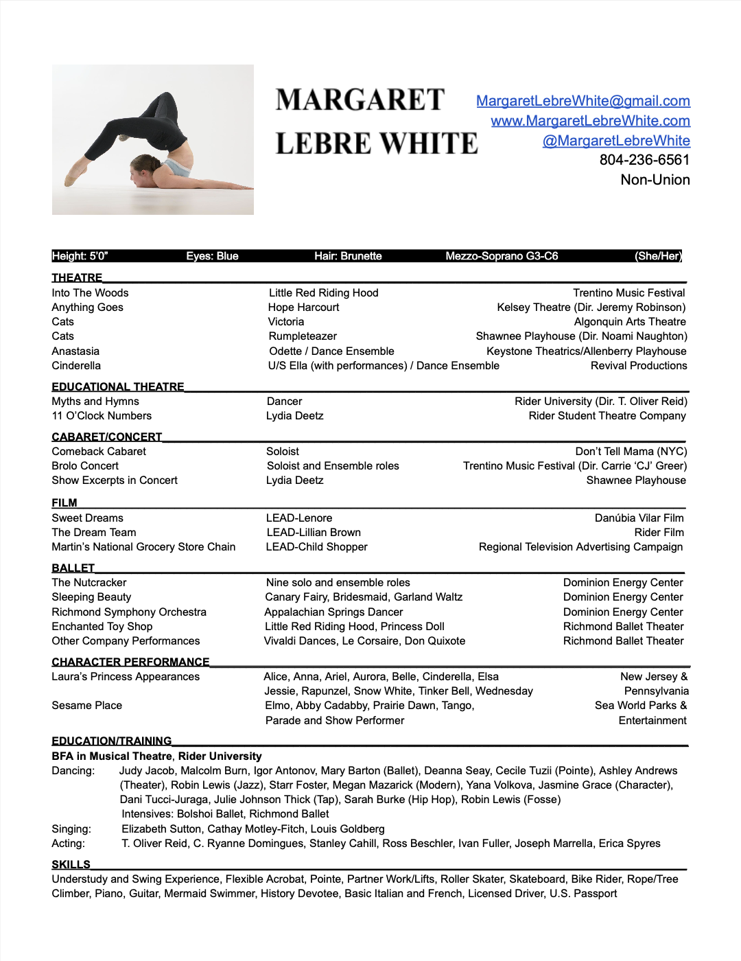 A performance resume for Margaret Lebre White, featuring a photograph of a woman in a backbend chin stand pose. The resume includes contact information, a list of theatrical and performance roles, educational background, skills, and personal details.