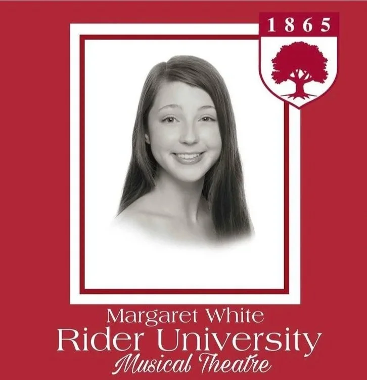Black and white portrait of a young woman with long hair, smiling, set against a white background. The cover features a red border with the university crest and the year 1865. Text indicates the name Margaret White and Rider University Musical Theatre.