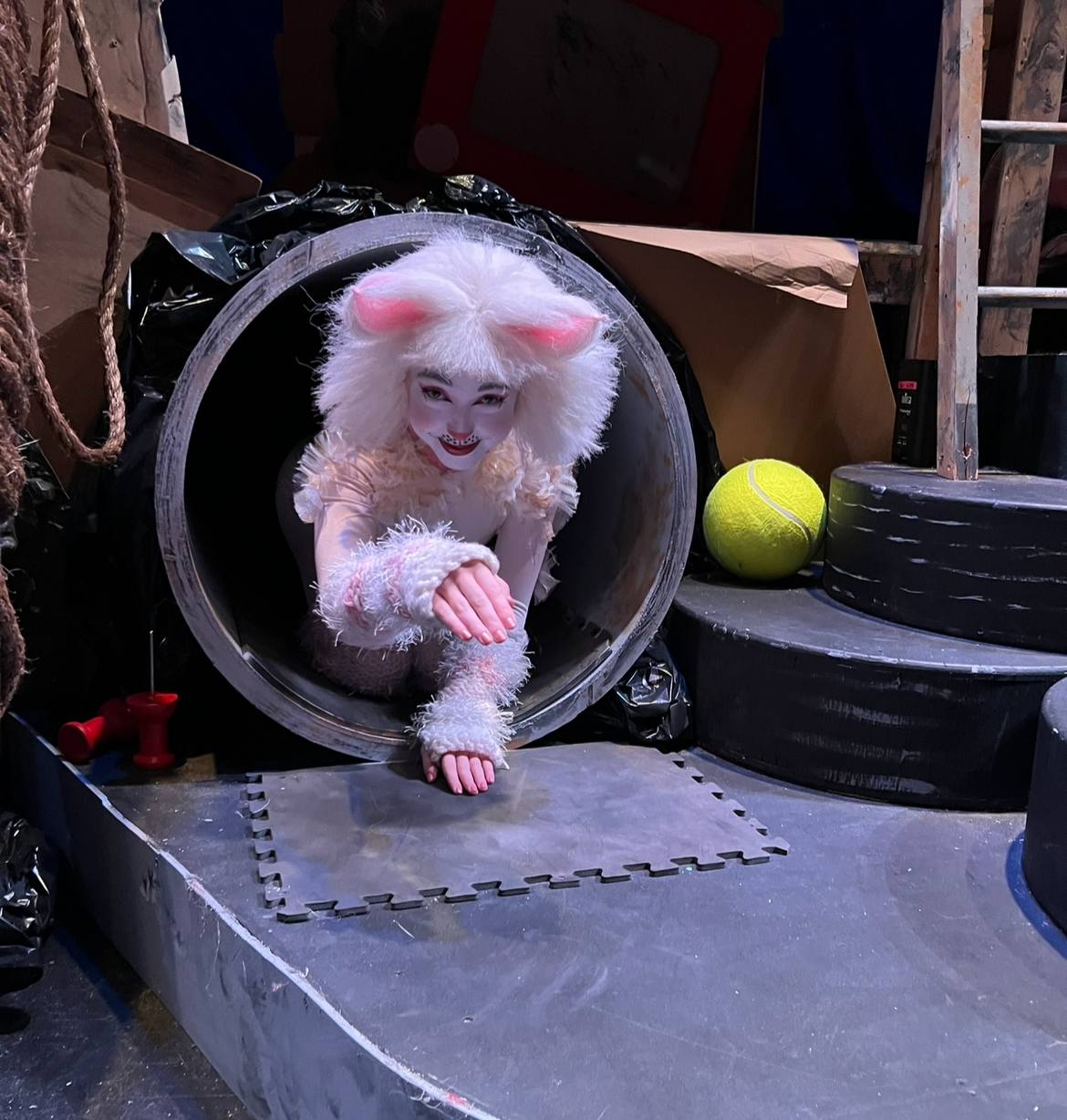 Person in a white costume with feline features emerging from a metal pipe, smiling with makeup resembling a cat. There is a tennis ball and black tires nearby.