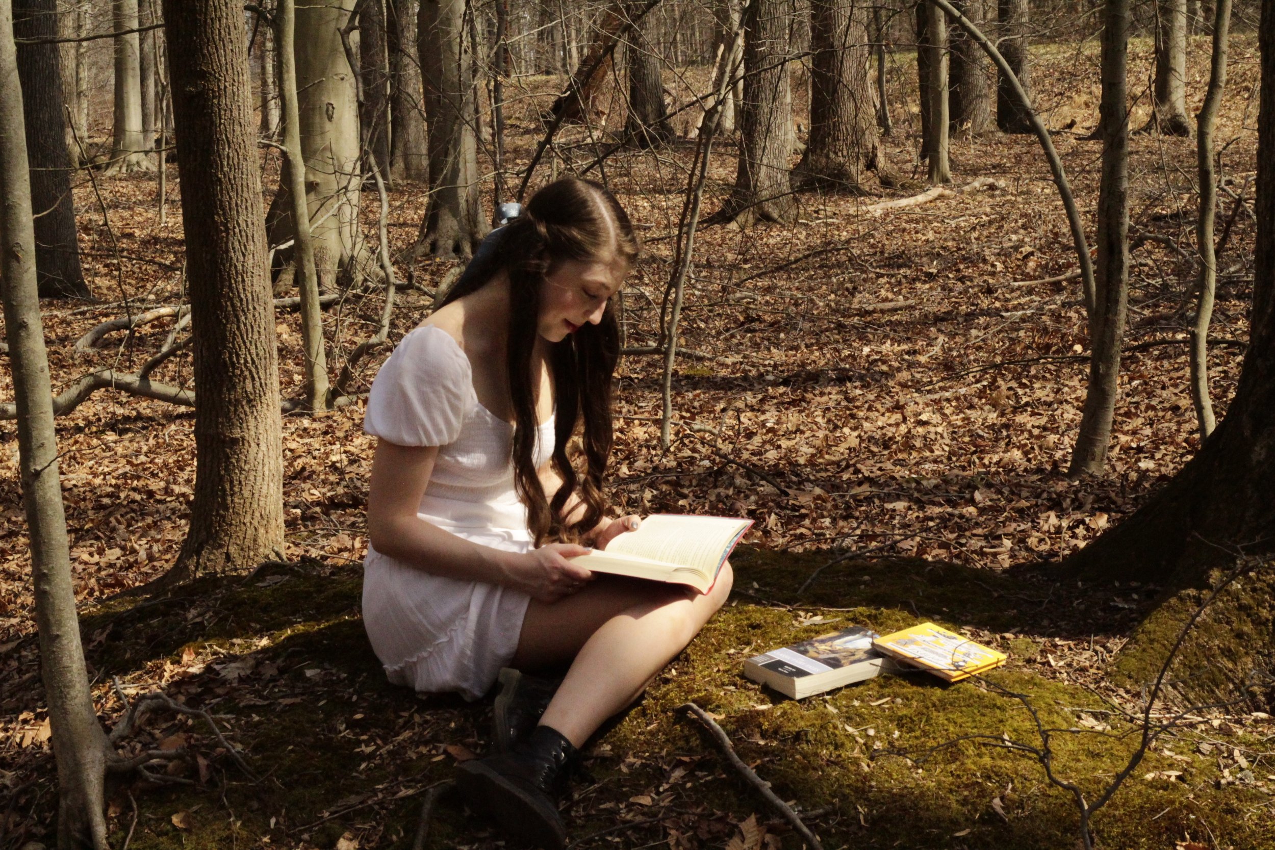 A young woman with long dark hair, wearing a white dress, is sitting on a moss-covered log in a forest reading a book. There are two other books placed on the ground beside her. The forest has tall, leafless trees and a carpet of dry leaves.