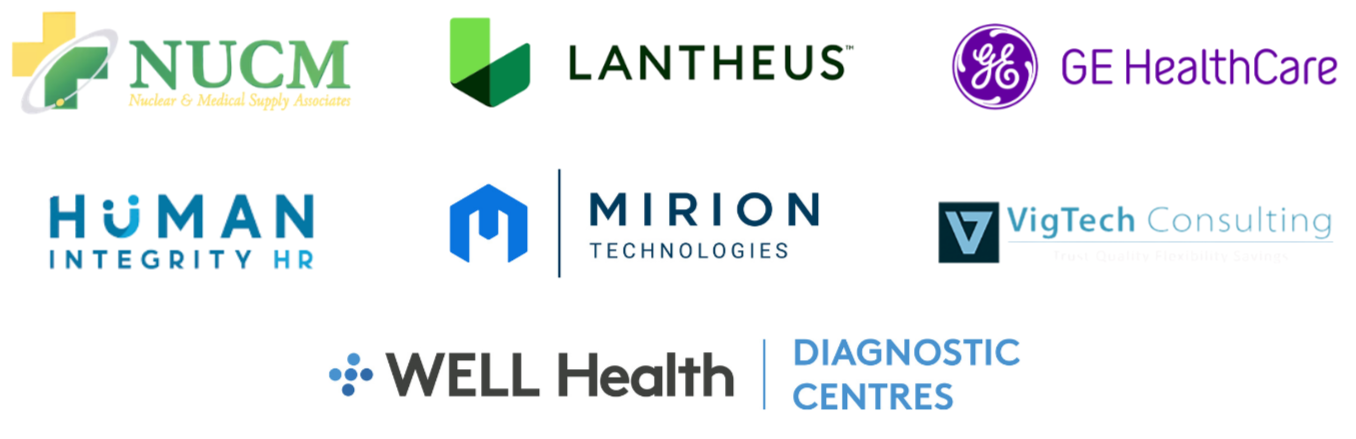 A collection of logos from various companies, including NUCM, LANTHEUS, GE Healthcare, HUMAN INTEGRITY HR, MIRION TECHNOLOGIES, VigTech Consulting, and WELL Health Diagnostic Centres.
