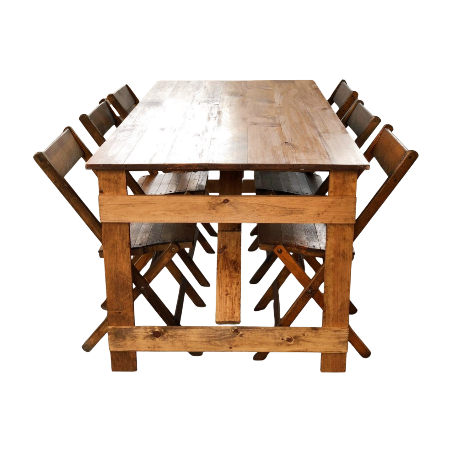 KRAUS folding farm table with matching vintage wooden chairs, end view