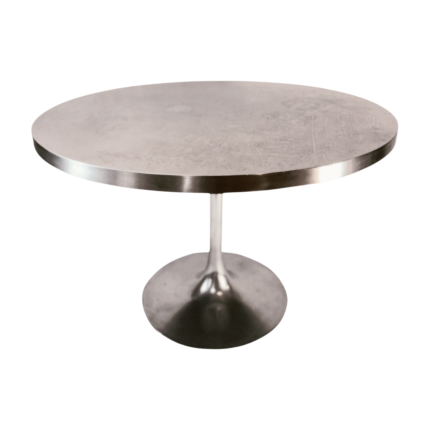 Mid-century modern Laverne-style etched aluminum tulip table, front view