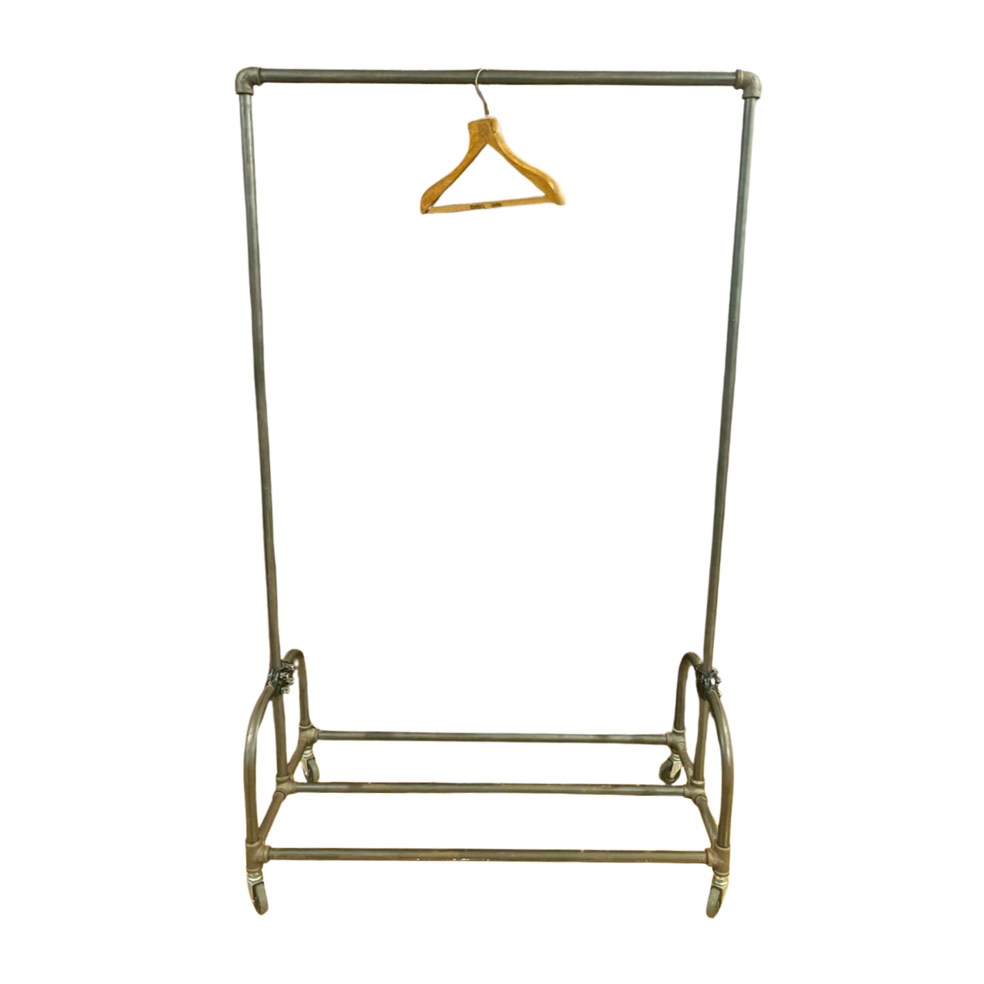Industrial metal garment rack with lower shelf, front view
