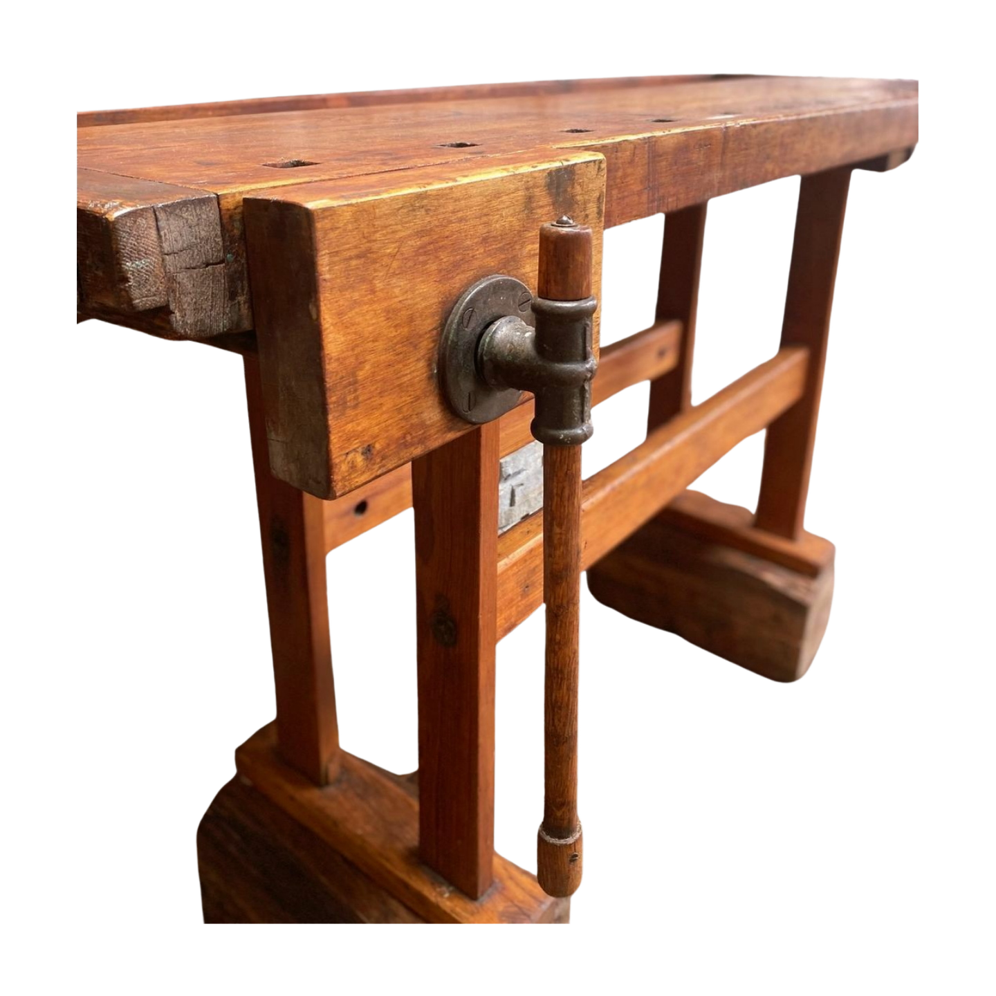 Antique pine workbench with wood vise and threaded handle, side detail