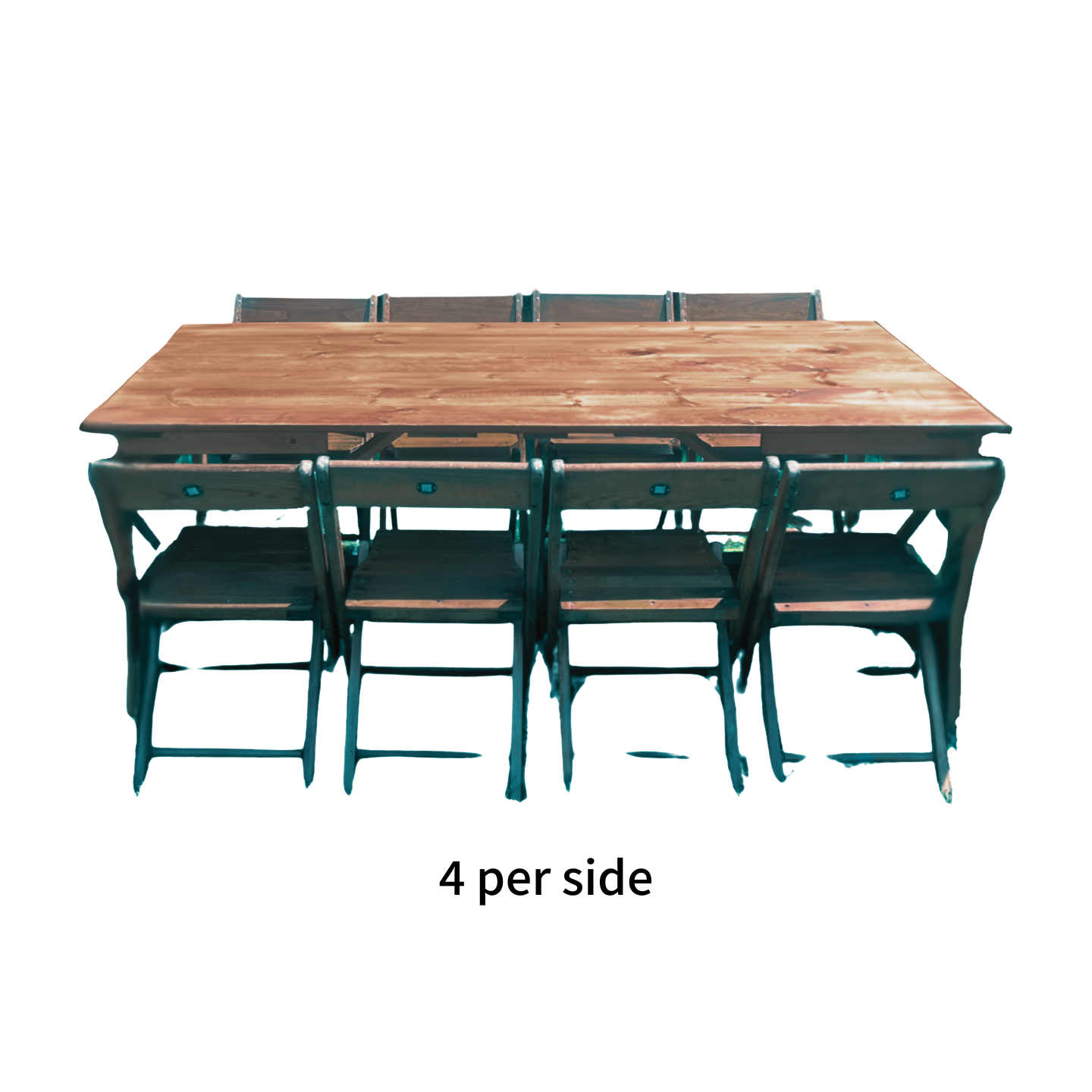 KRAUS folding farm table with vintage wooden chairs, seating four per side