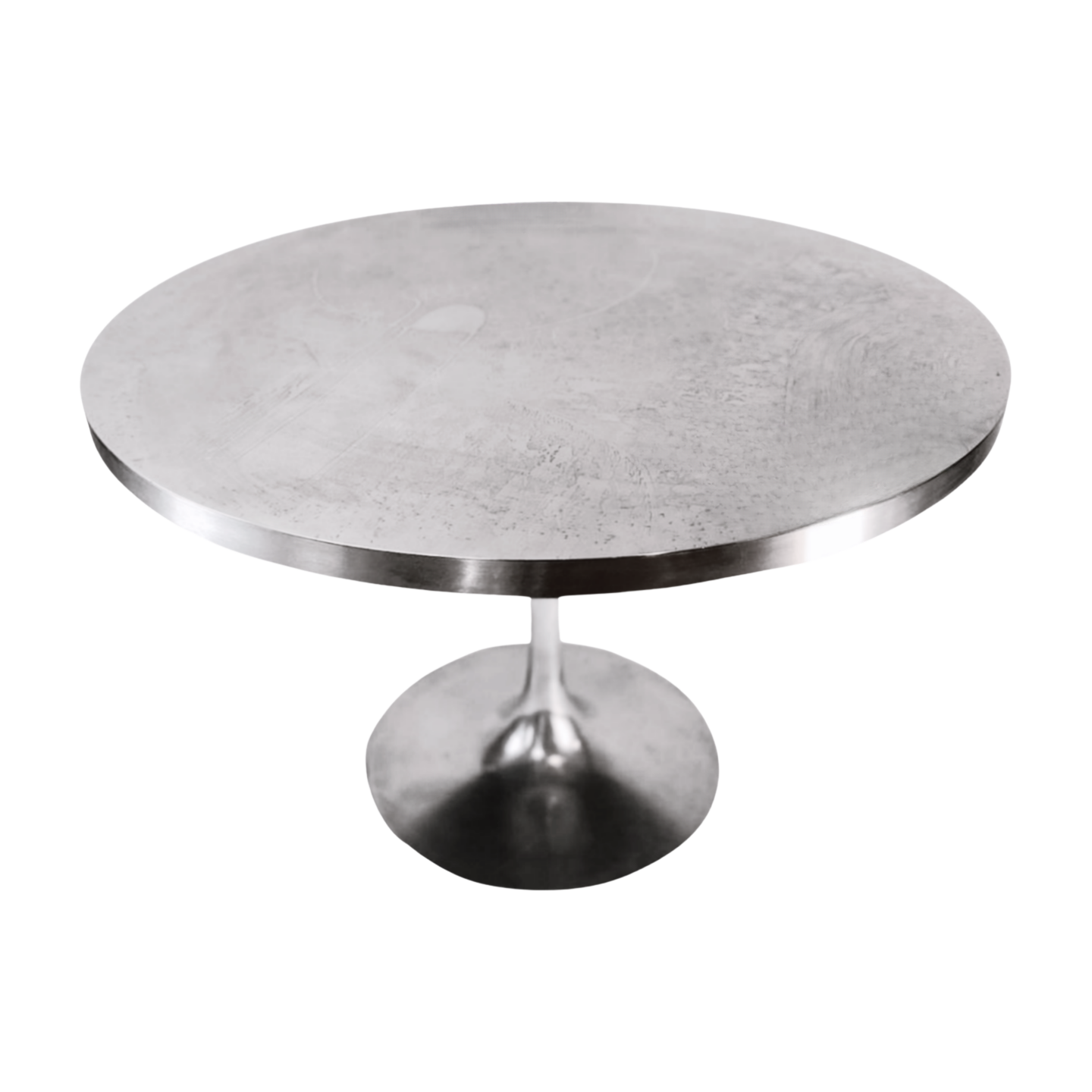 Mid-century modern Laverne-style etched aluminum tulip table, top view