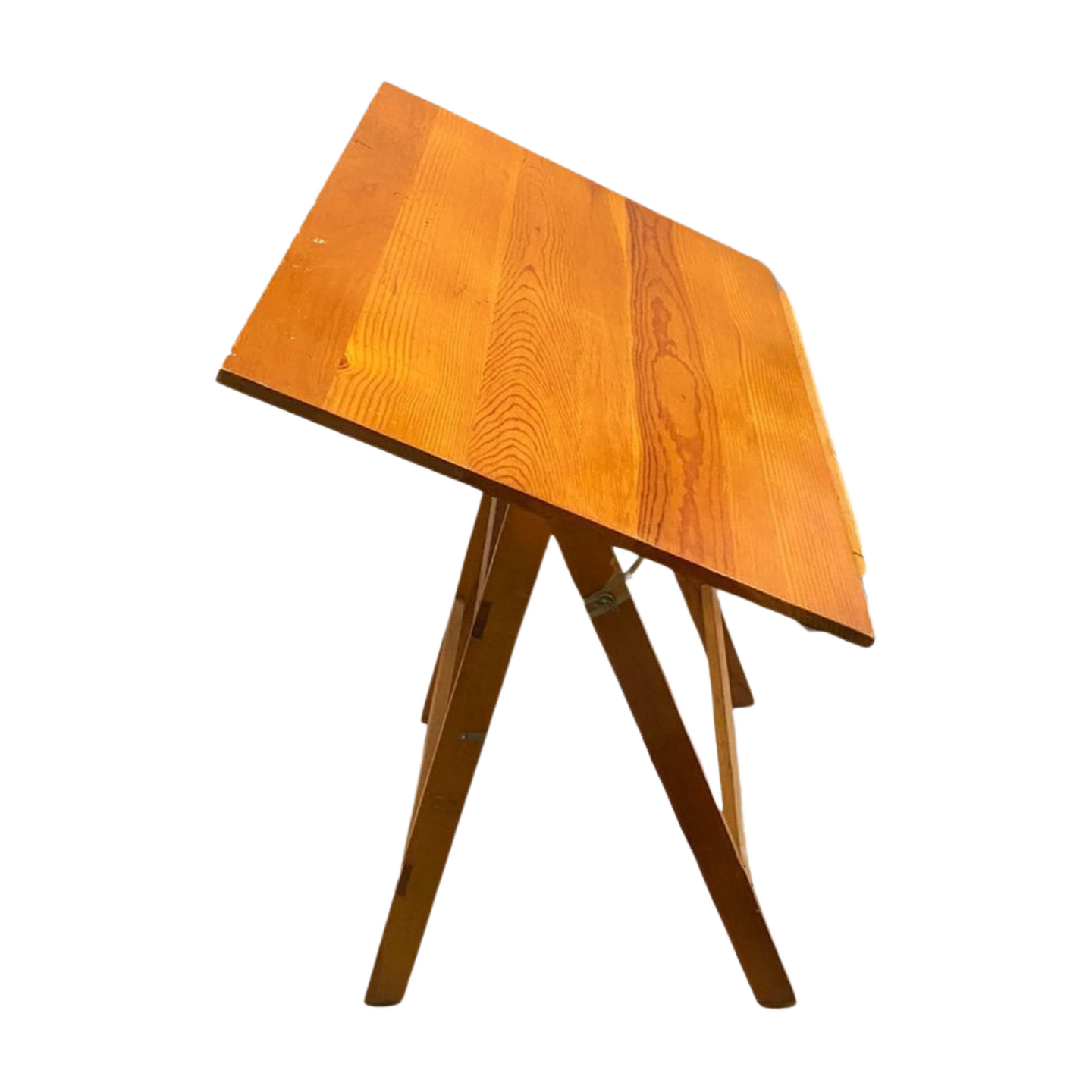Vintage pine drafting table with angled work surface, angled view