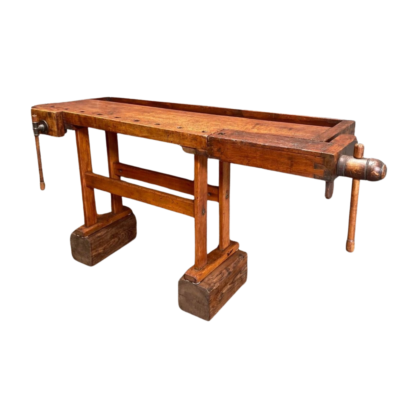 Antique pine workbench with traditional joinery, angled end view