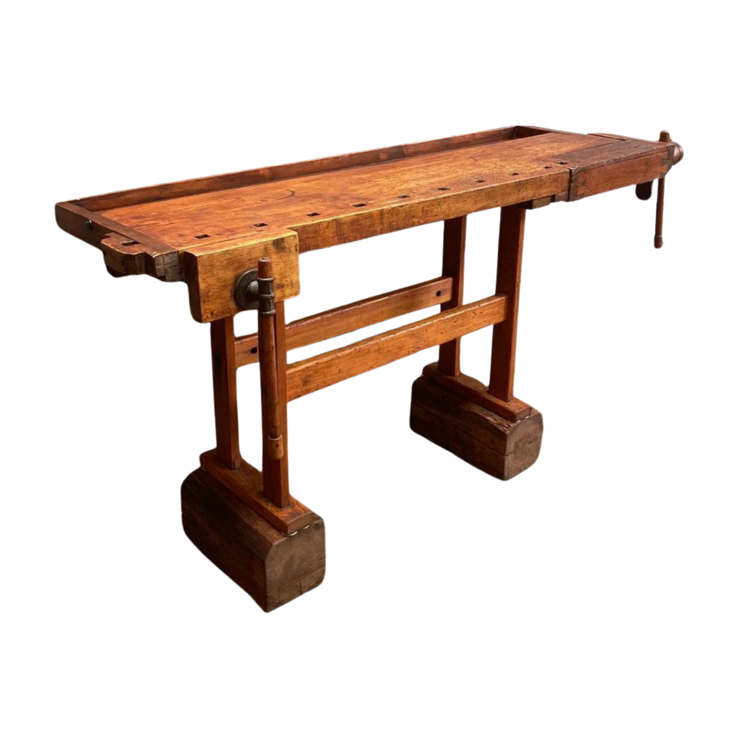 Antique pine workbench with heavy timber base, angled view