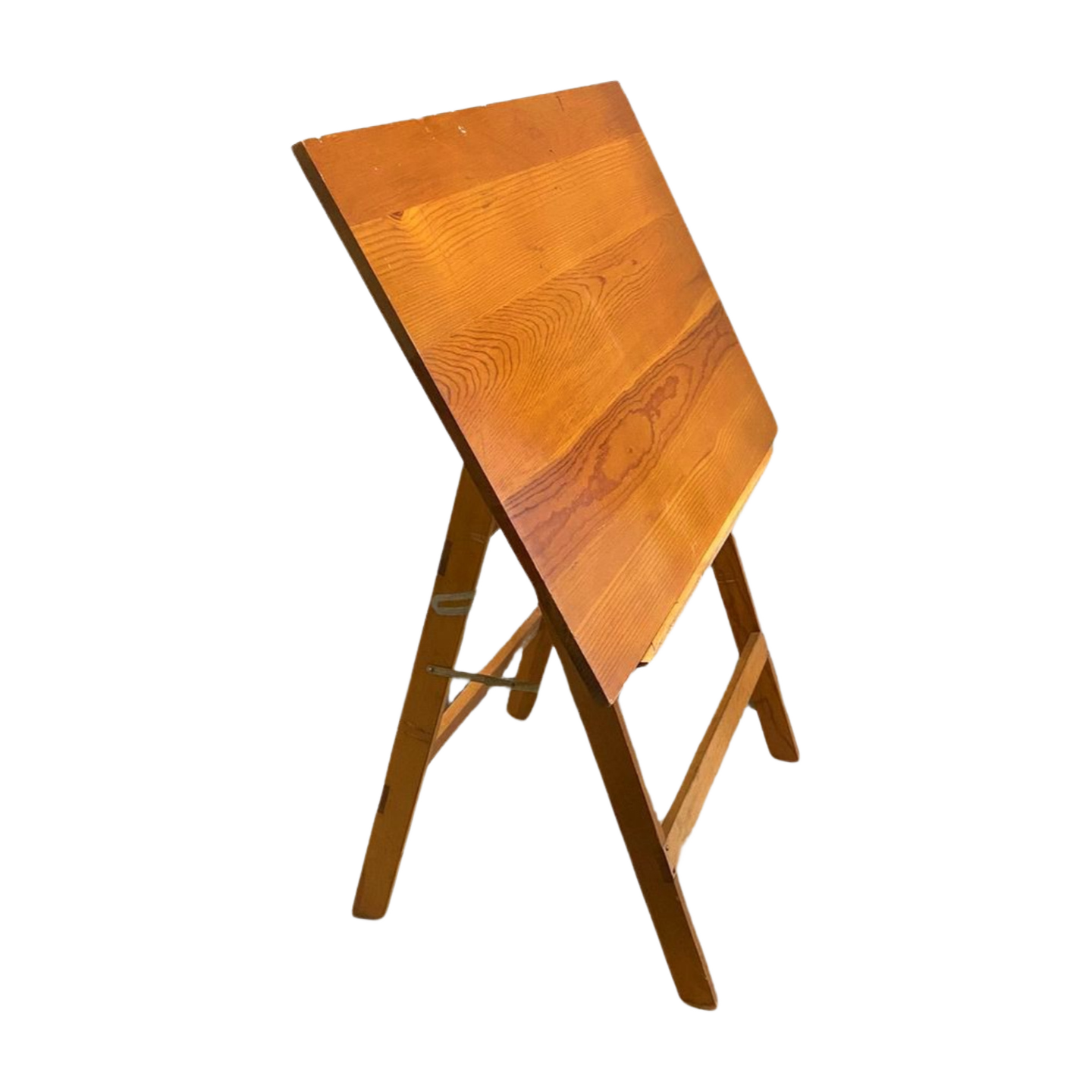 Vintage pine drafting table with tilting top, three-quarter view