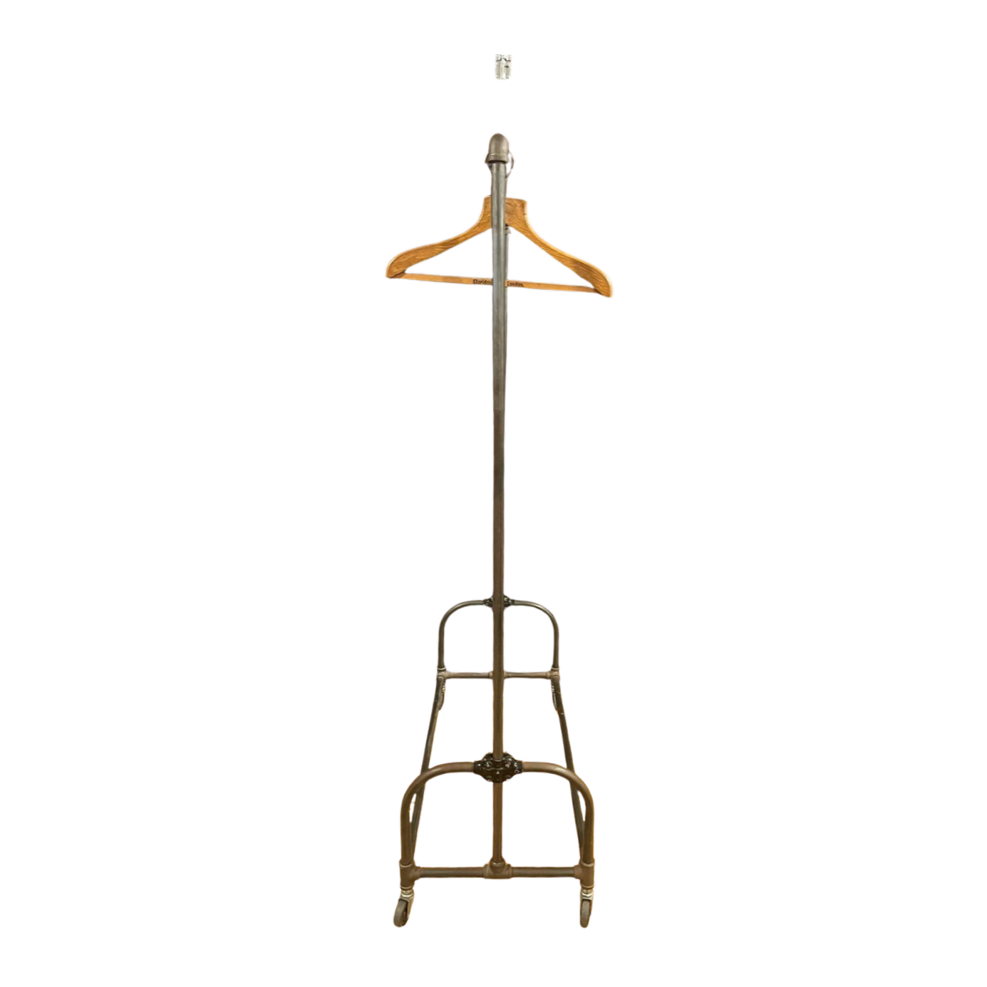 Industrial metal garment rack, side view