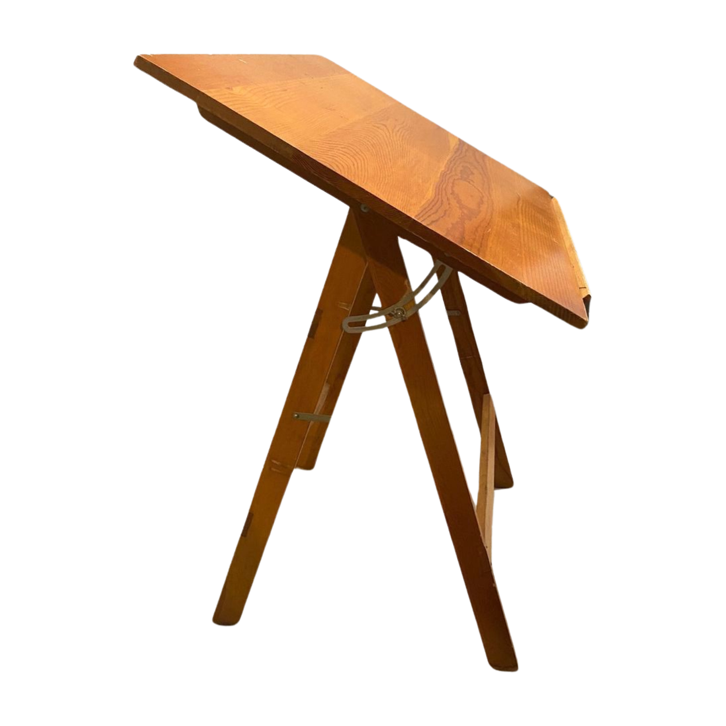 Vintage pine drafting table with adjustable tilting surface, side view