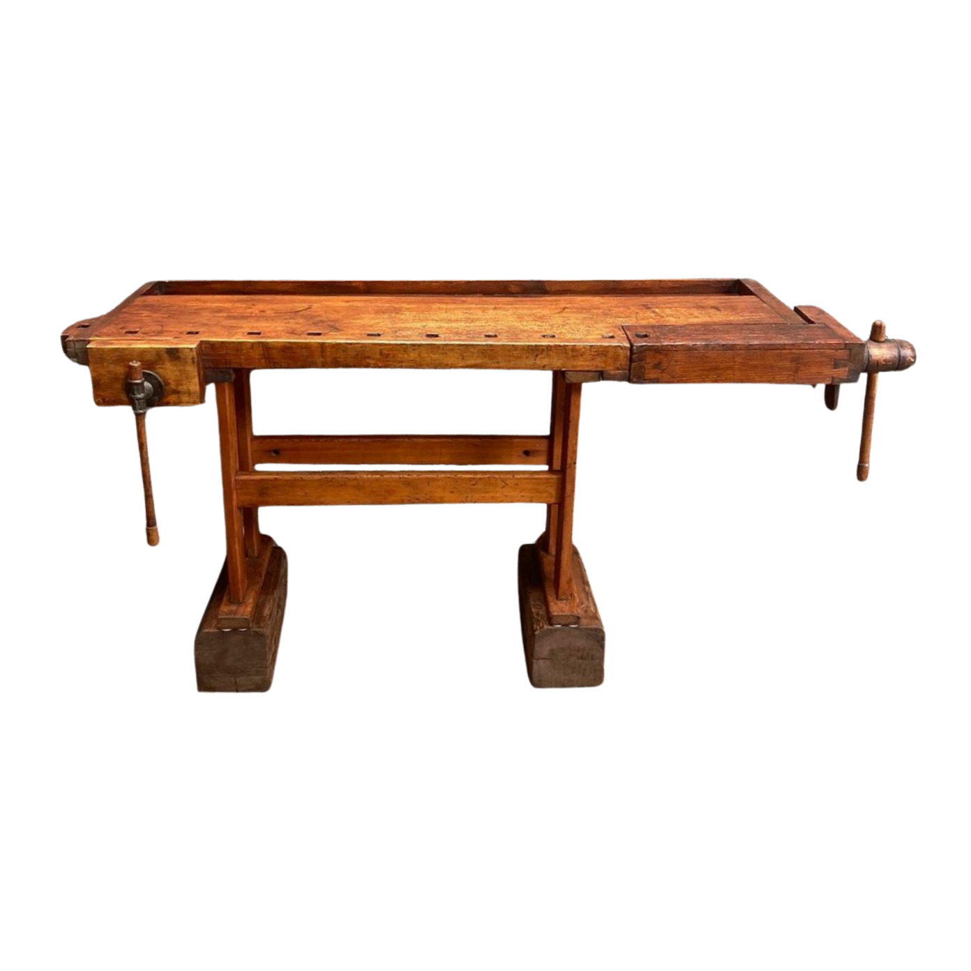 Antique pine workbench with built-in wood vises, front view