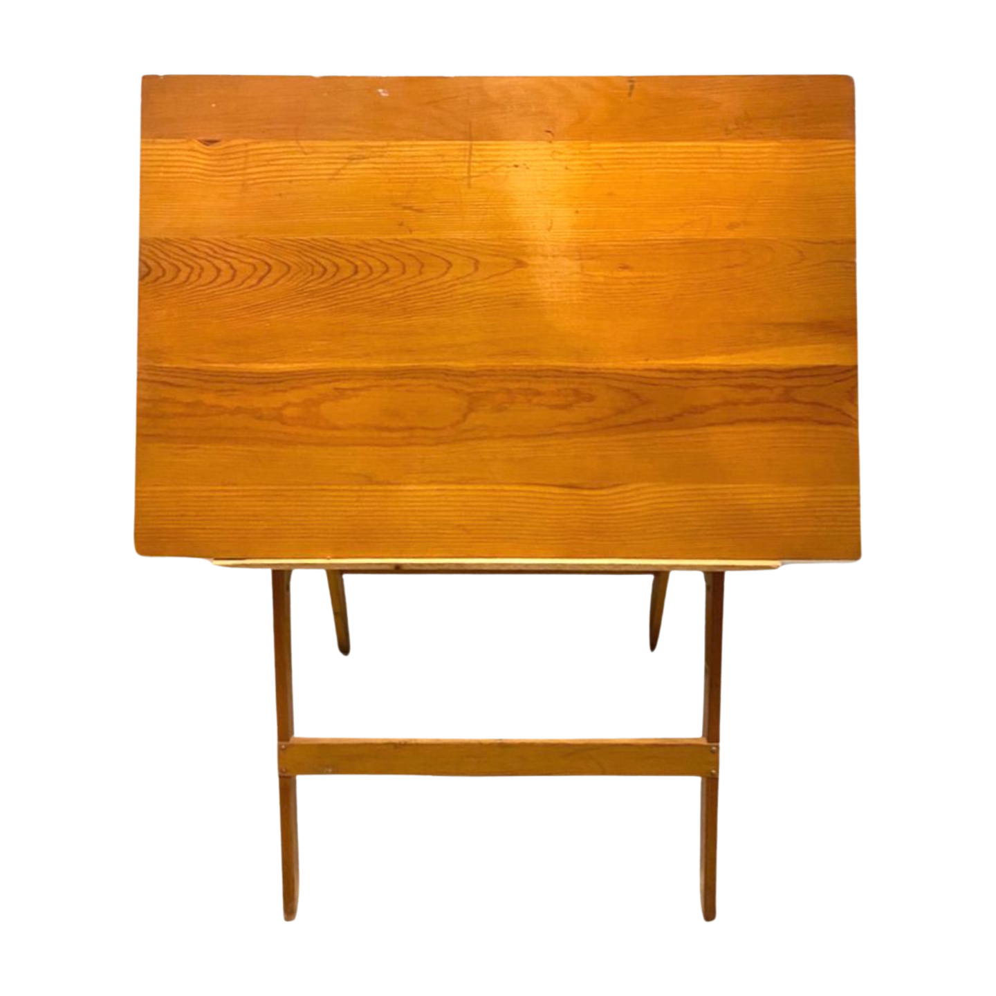 Vintage pine drafting table with flat work surface, front view