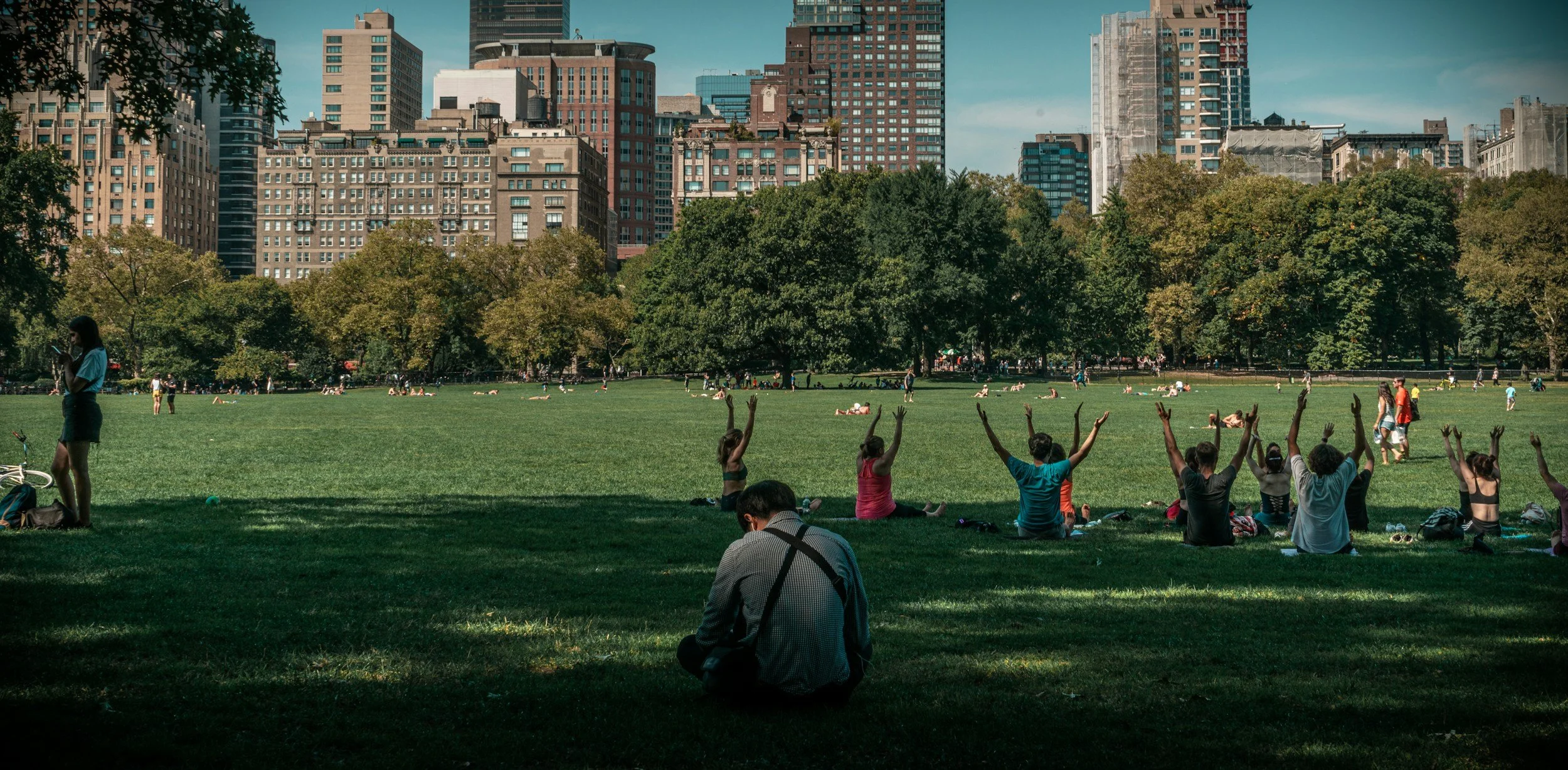 People sitting on grass in a park with their arms raised, surrounded by trees and tall buildings in the background, on a sunny day.