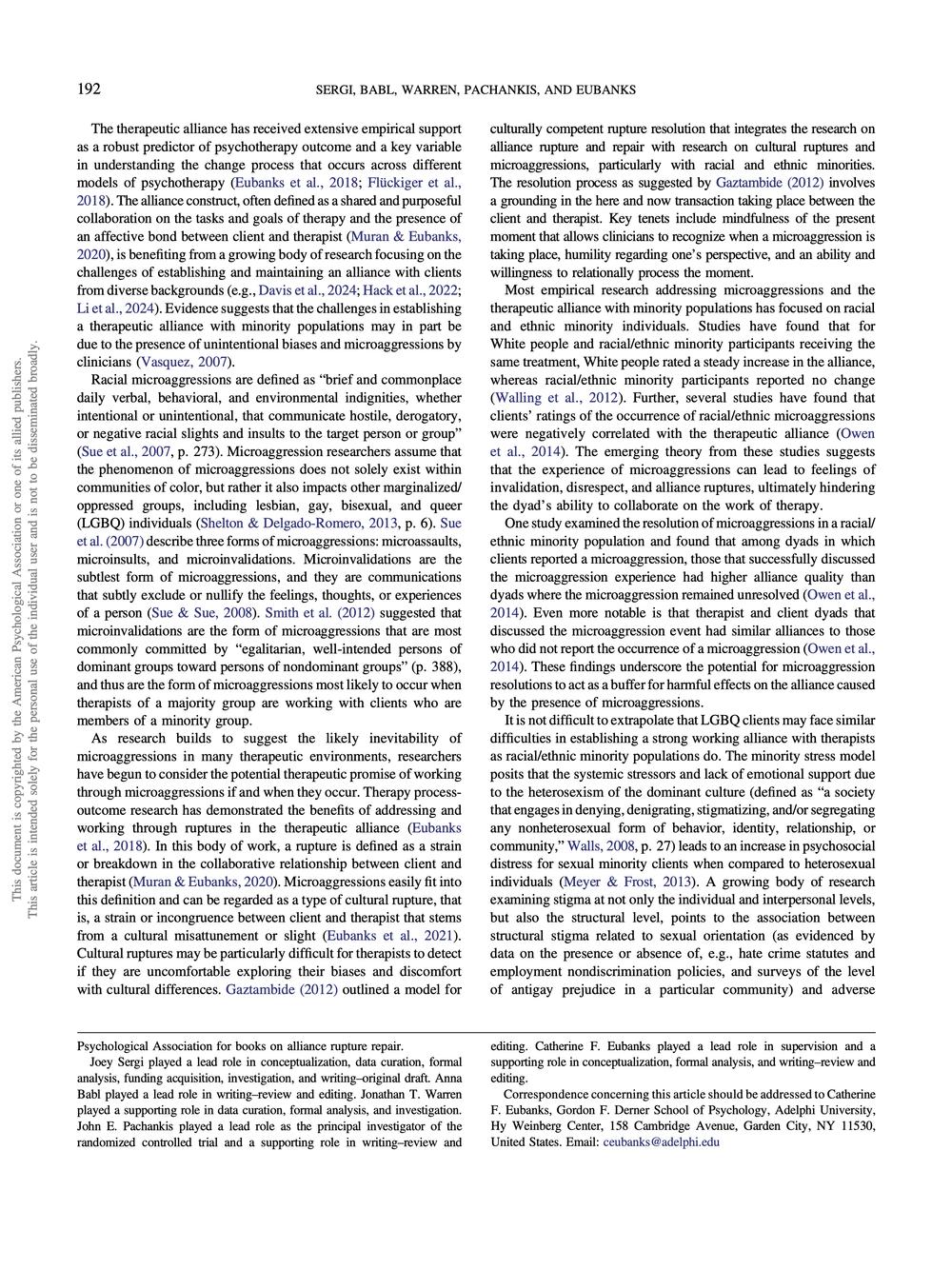 Academic journal page discussing microaggressions, therapeutic alliance, and cultural ruptures in psychotherapy, with references and author information.