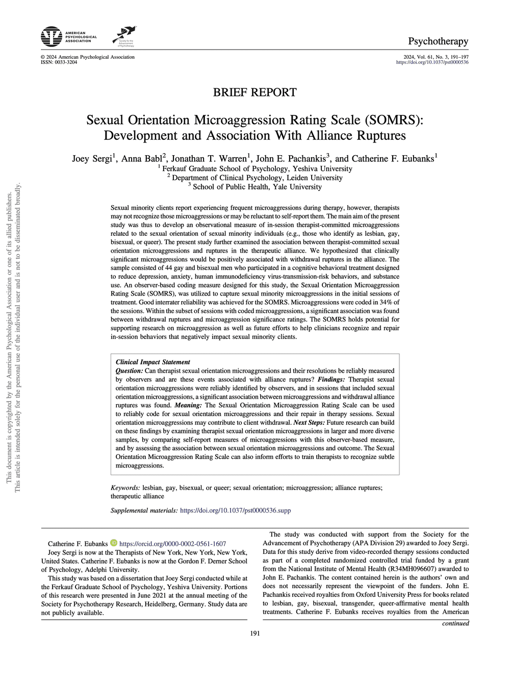 Psychotherapy research article titled "Sexual Orientation Microaggression Rating Scale (SOMRS): Development and Association With Alliance Ruptures" with author names and institutional affiliations, published by the American Psychological Association in 2024.
