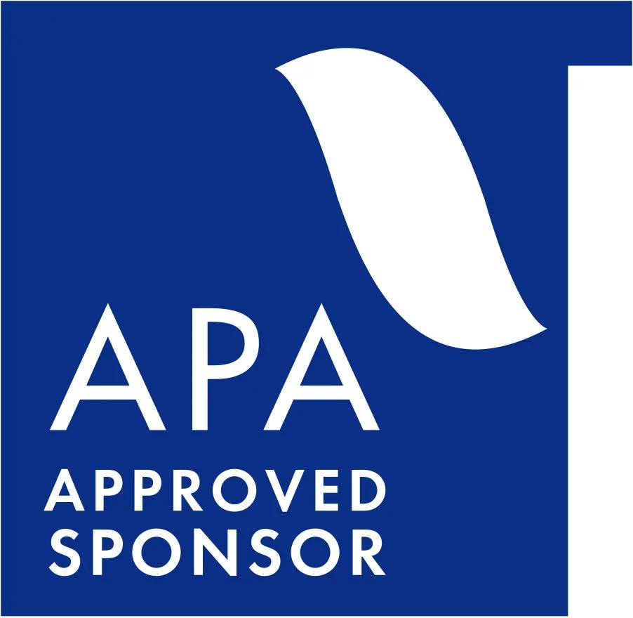 APA Approved Sponsor logo featuring a blue background, white stylized leaf symbol, and white text reading 'APA Approved Sponsor'.