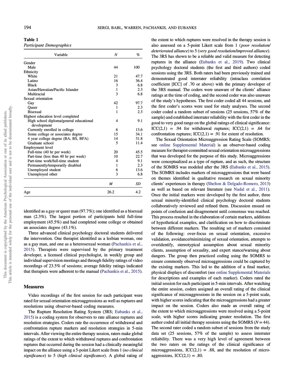 Table from a research paper showing participant demographics including gender, ethnicity, sexual orientation, education level, employment status, and age.