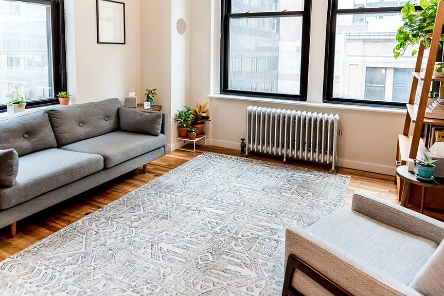 A living room with a gray sofa, a beige armchair, a patterned area rug, a wooden bookshelf, and plants near large windows with city views.