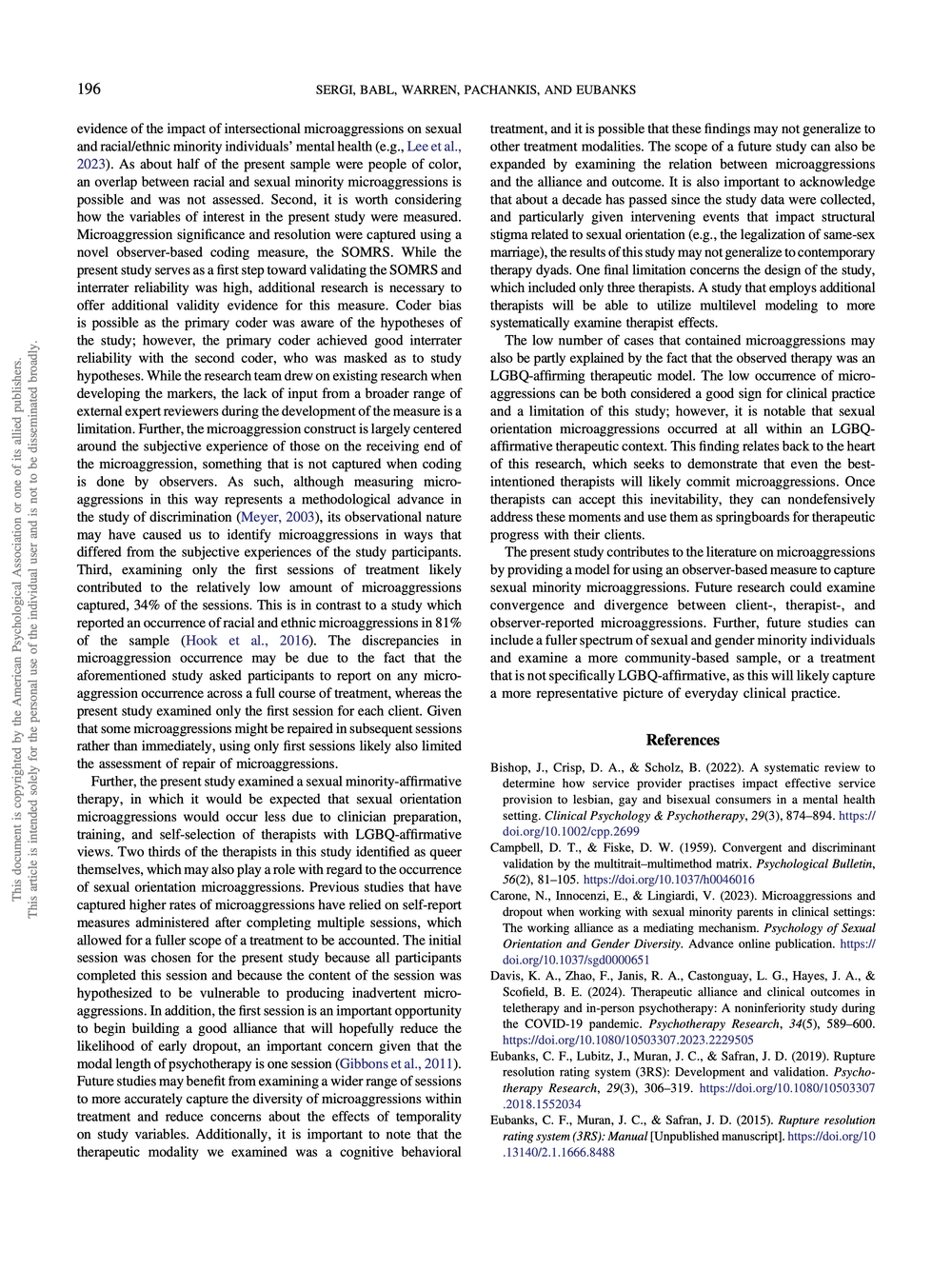 A scanned page from a research paper or academic book with text discussing microaggressions, therapy, and related studies, with references at the bottom.