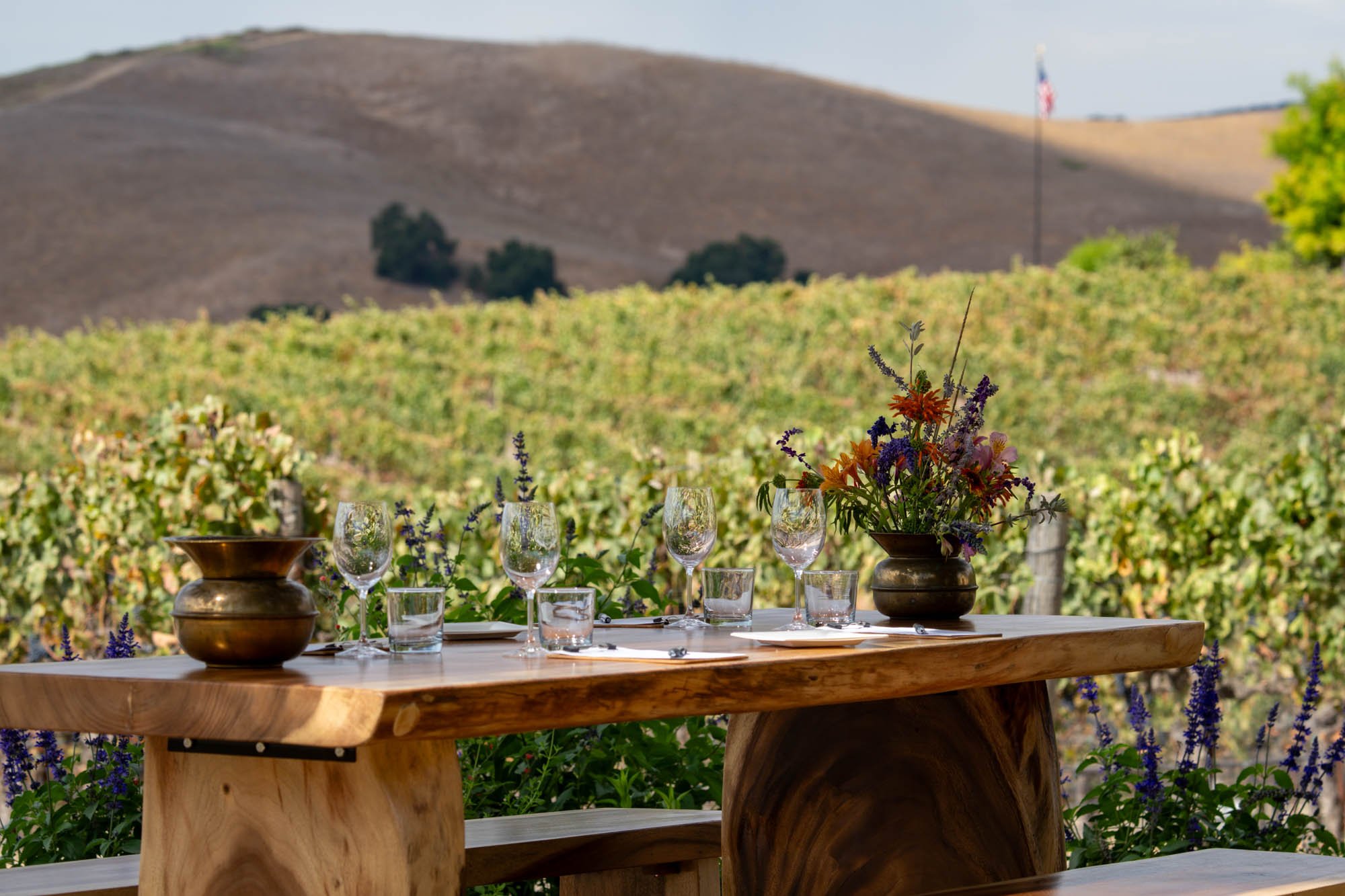 A rustic wooden outdoor dining table set with glassware, white plates, and floral centerpieces, situated in a vineyard with rolling hills in the background.