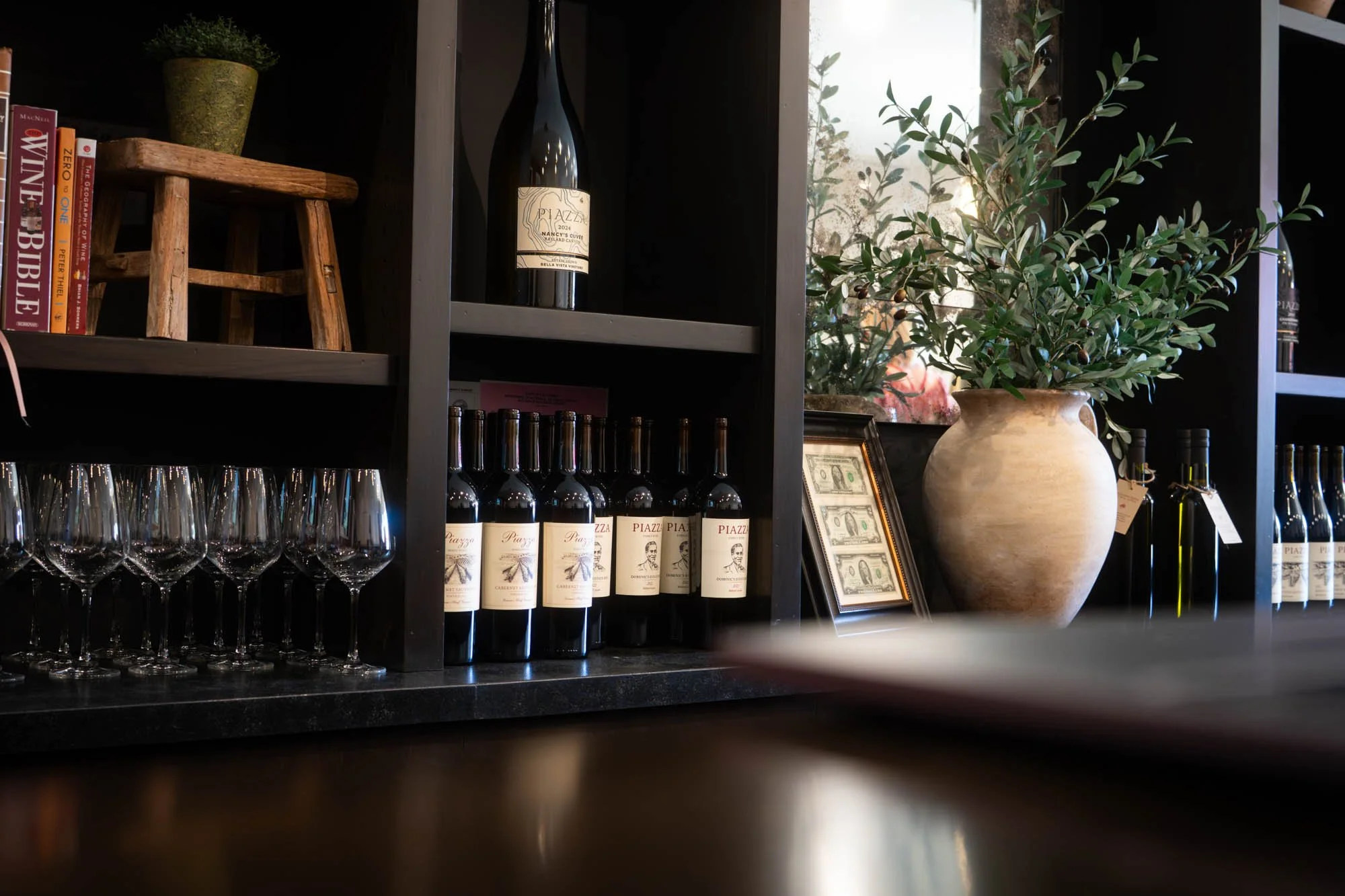 Shelves with wine bottles, glasses, books, and a large plant in a ceramic pot in a cozy indoor setting.