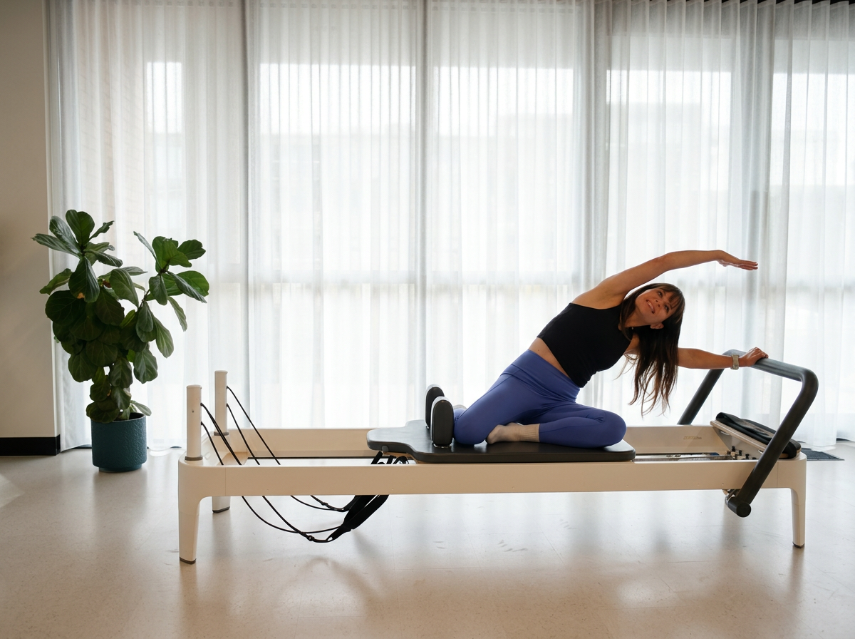 A woman with curly hair doing a workout on a Pilates reformer machine in a bright fitness studio with plants and mirrors.