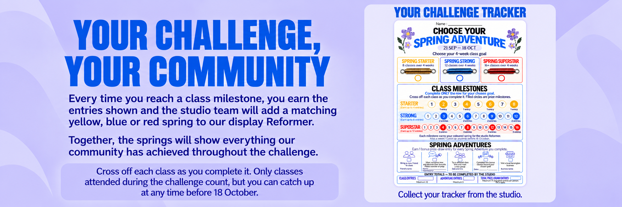 Spring challenge tracker with goal options: starter, strong, superstar, and milestone levels; includes class milestones and spring adventures with icons and colorful circles.