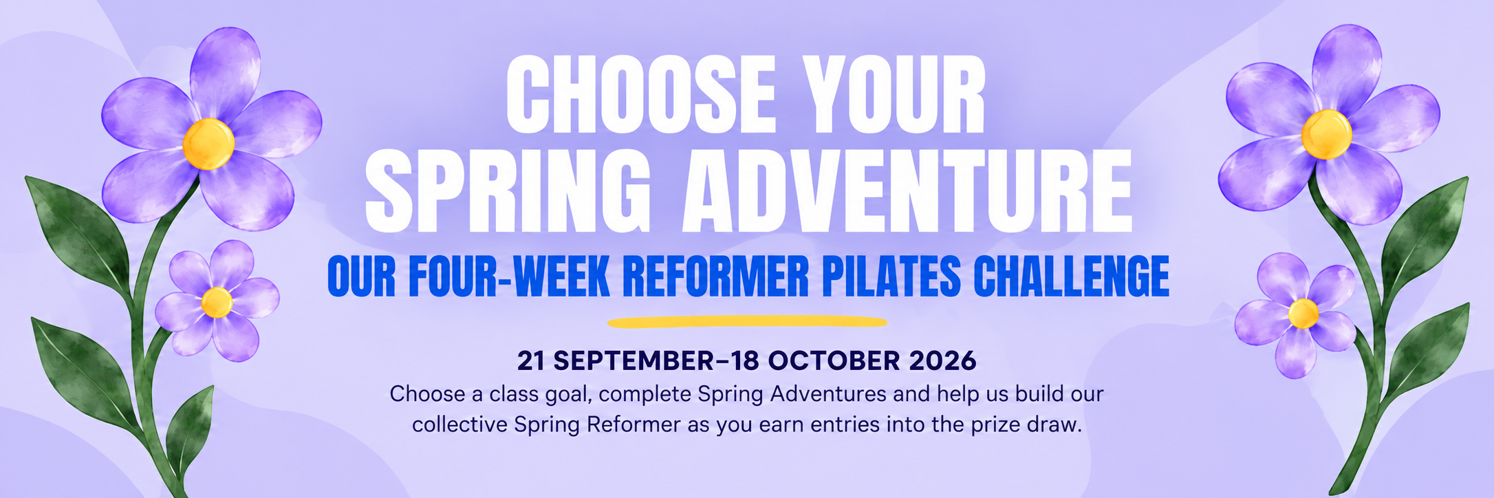 Purple flowers with green leaves surrounding text about a spring adventure challenge from September 21 to October 18, 2026.