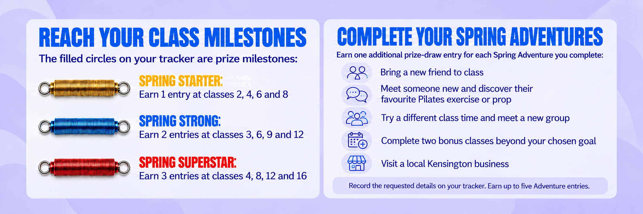 A chart showing prize milestones for a spring fitness program, with colored coil symbols representing different achievement levels: gold for Spring Starter, blue for Spring Strong, and red for Spring Superstar, along with a list of activities to complete for additional prize entries.