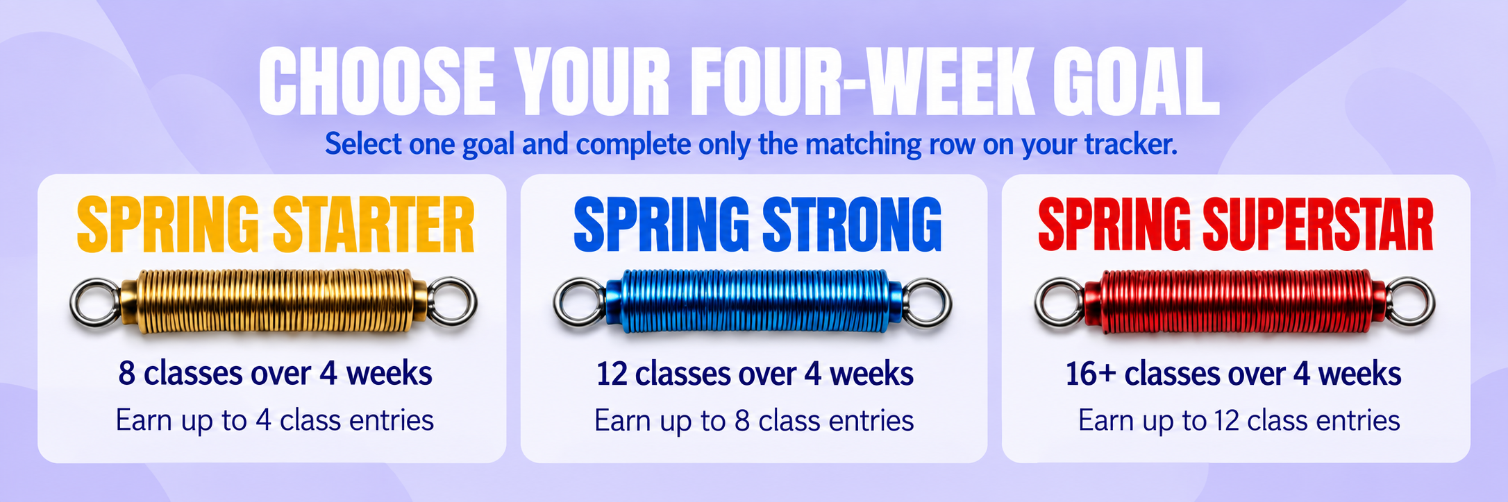 Image showing three types of spring resistance bands labeled Spring Starter, Spring Strong, and Spring Superstar, with details about classes over four weeks for each.