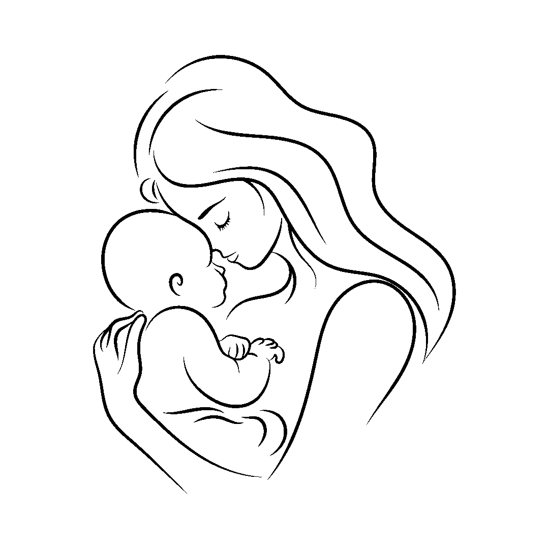 Line drawing of a woman holding a baby close to her chest with their faces touching