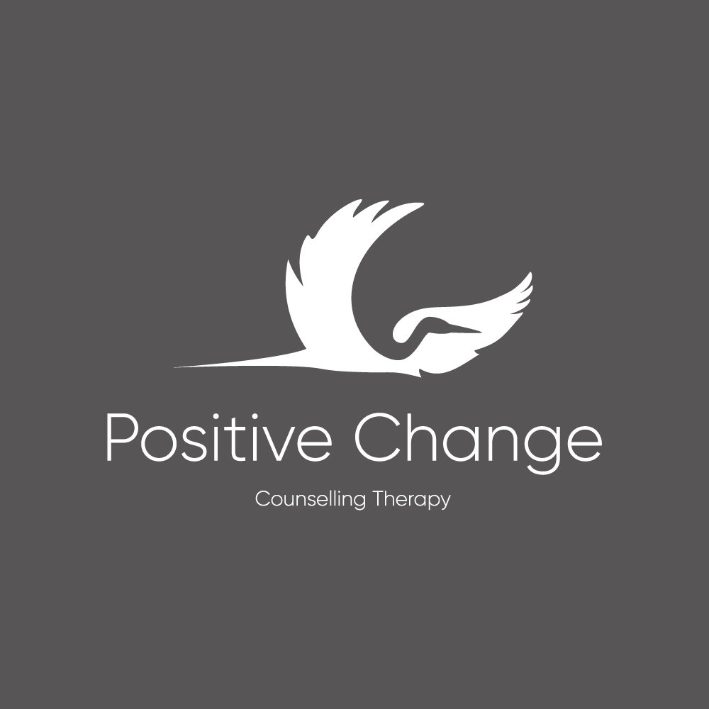 Logo for Positive Change Counseling Therapy featuring a stylized white swan on a dark gray background.