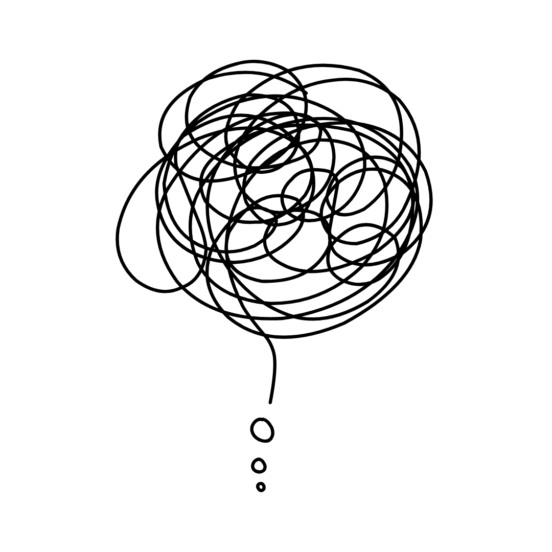 A black doodle of a tangled ball of string drawn with overlapping lines, with a small string extending downward along with three small circles.