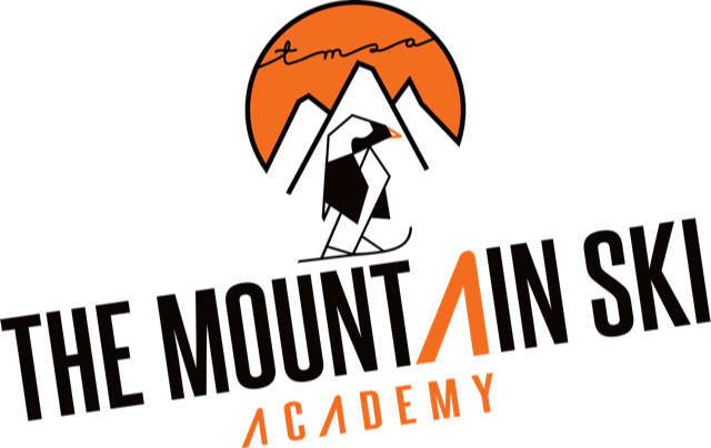 Logo for The Mountain Ski Academy featuring a mountain, a penguin, and stylized text.
