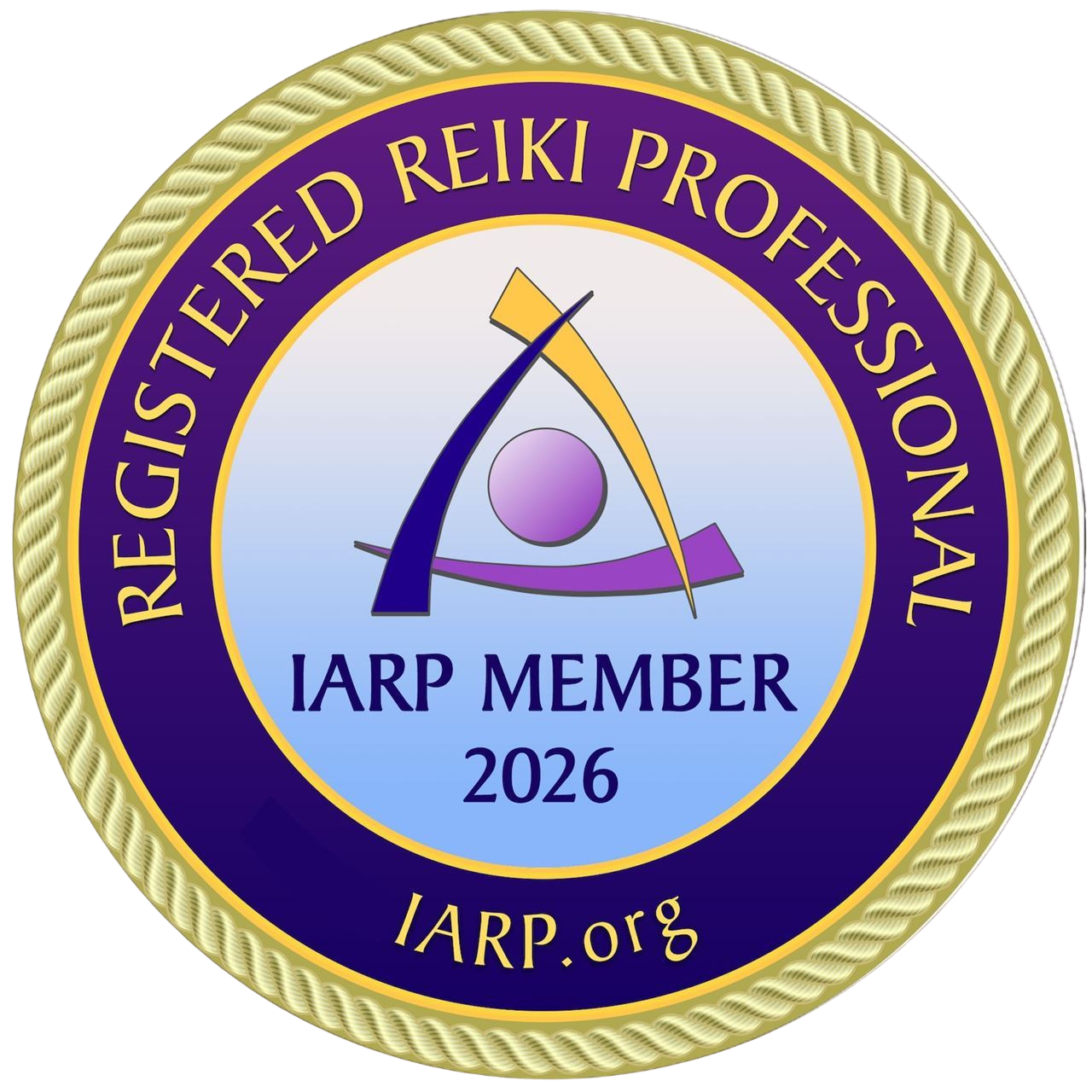 Medal with purple border reading 'Registered Reiki Professionals International,' with a logo in the center and text 'IARP Member 2026' and website 'IARP.org'.