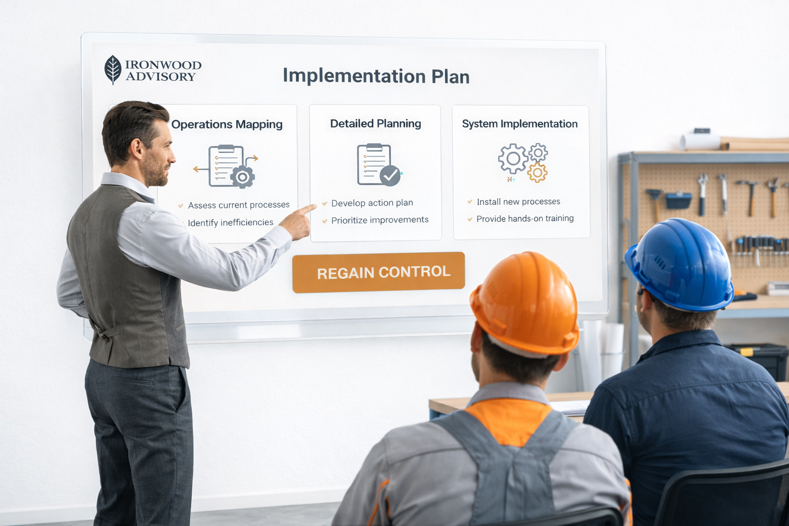 Ironwood Advisory consultant leading an implementation sprint with HVAC and plumbing contractors, translating operational plans into installed systems that reduce chaos, improve accountability, and help trades businesses scale with control.