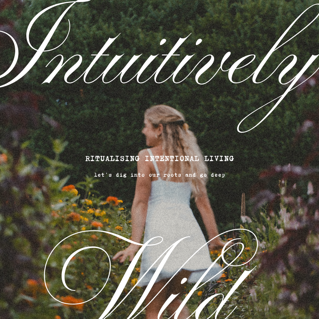 A woman in a white dress walking through a garden full of colorful flowers, with trees in the background and text overlay about intentional living and ritualizing life.