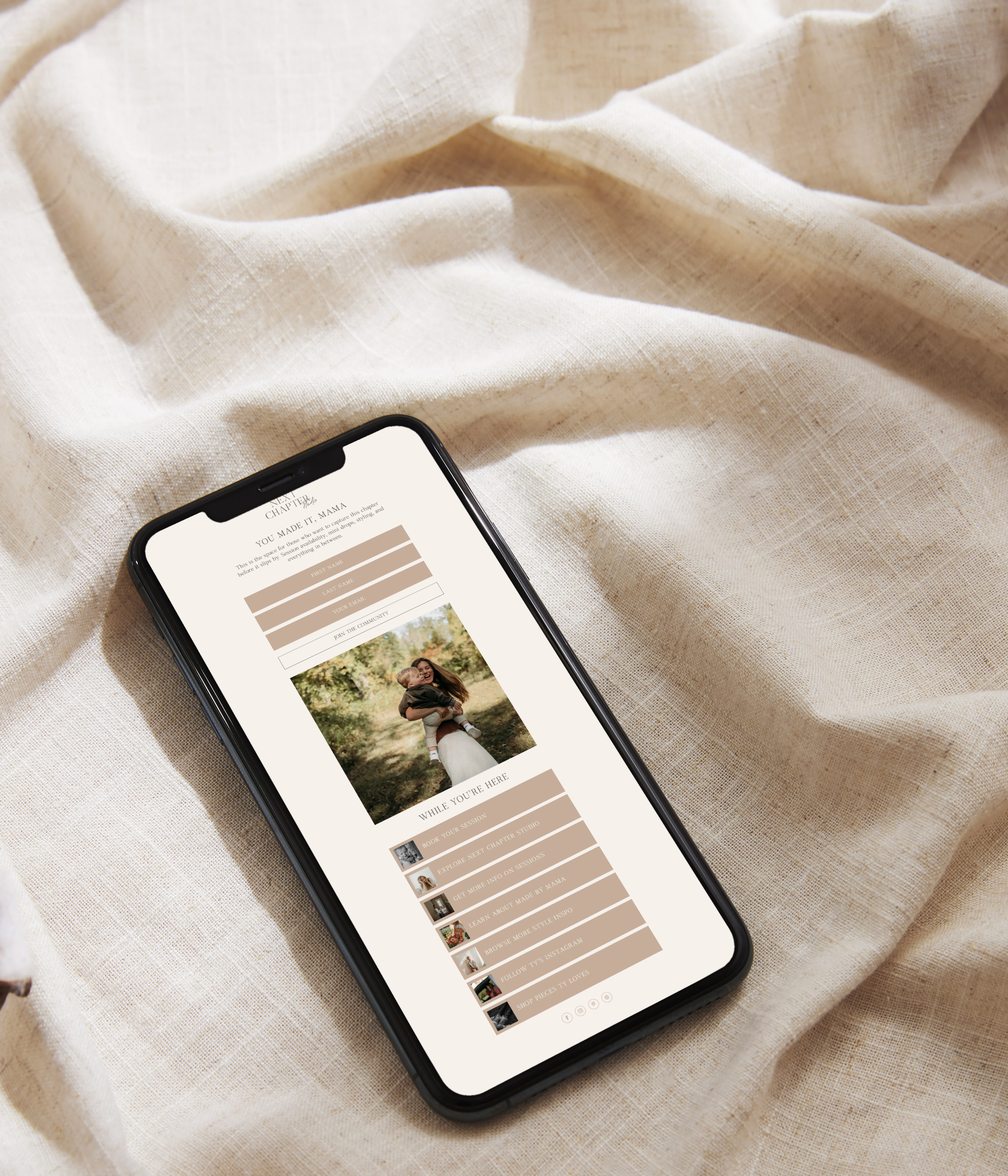 Next Chapter Studio's Flodesk email opt in form displayed on a phone, designed for motherhood and family photography clients.