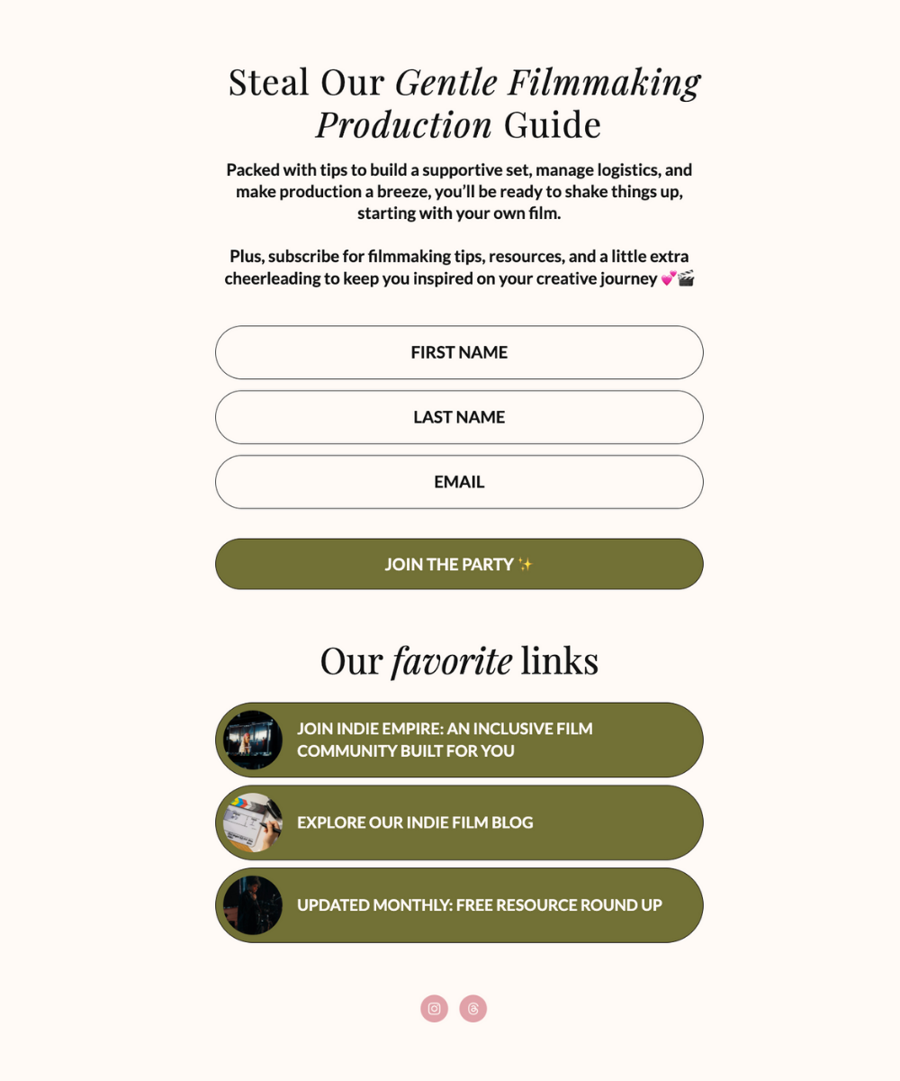 Indie Empire Gentle Filmmaking Email Freebie Opt In Page