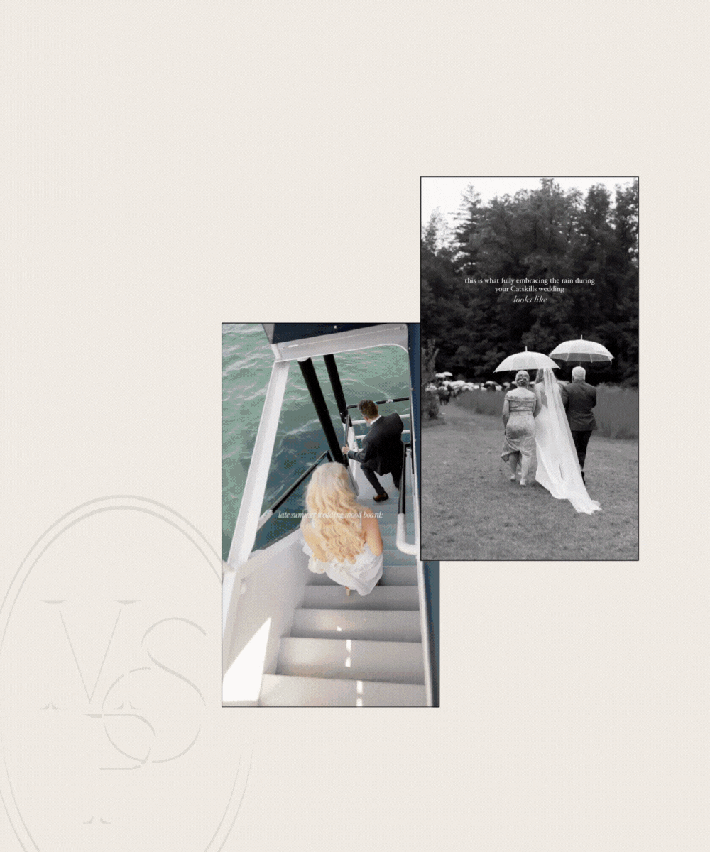 An animated collage of two Maisie Snyder Instagram reels: a bride boarding a boat in summer and a rainy Catskills wedding ceremony.