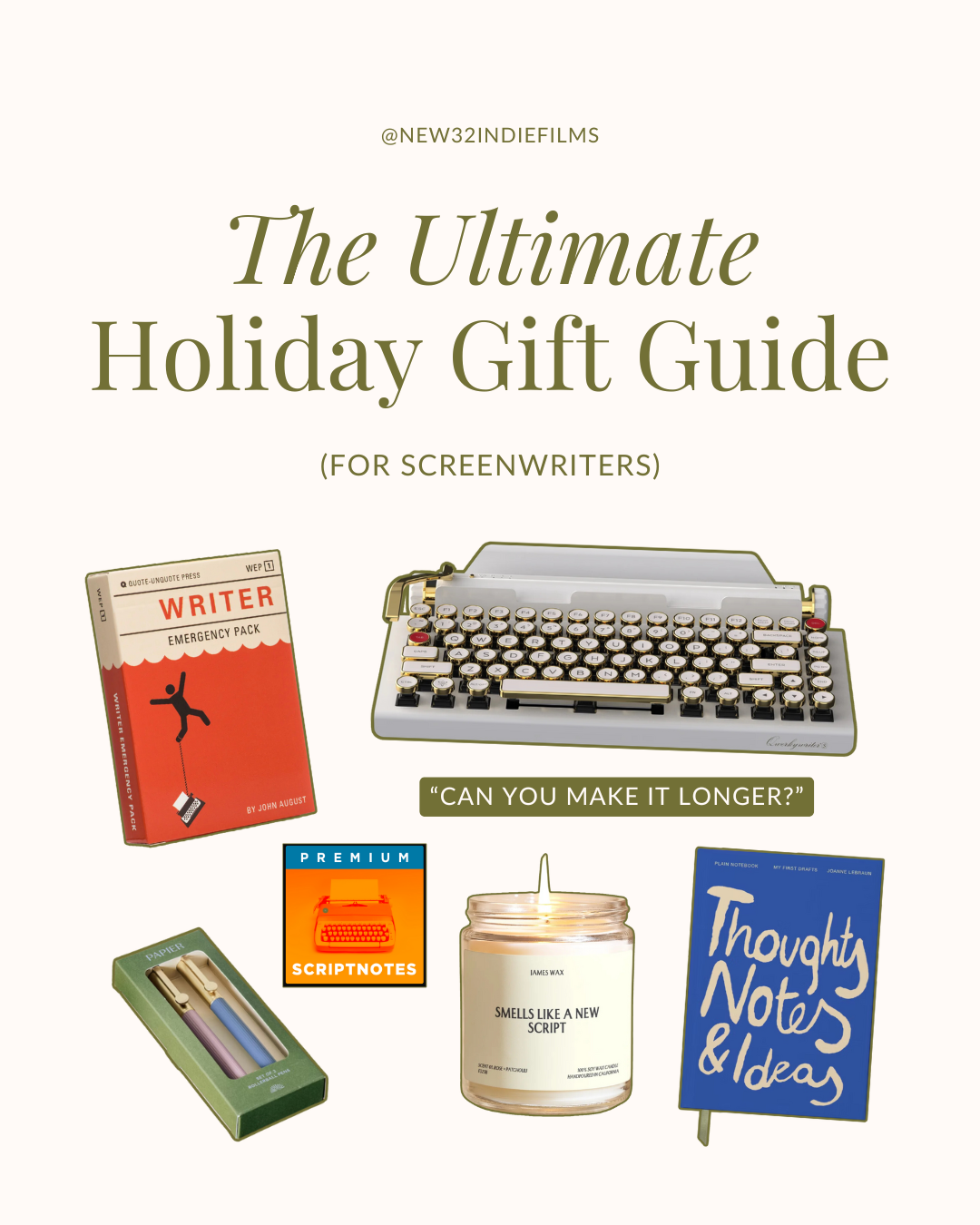 A graphic from @new32indiefilms titled 'The Ultimate Holiday Gift Guide for Screenwriters' featuring a typewriter, pens, candle, and notebooks.