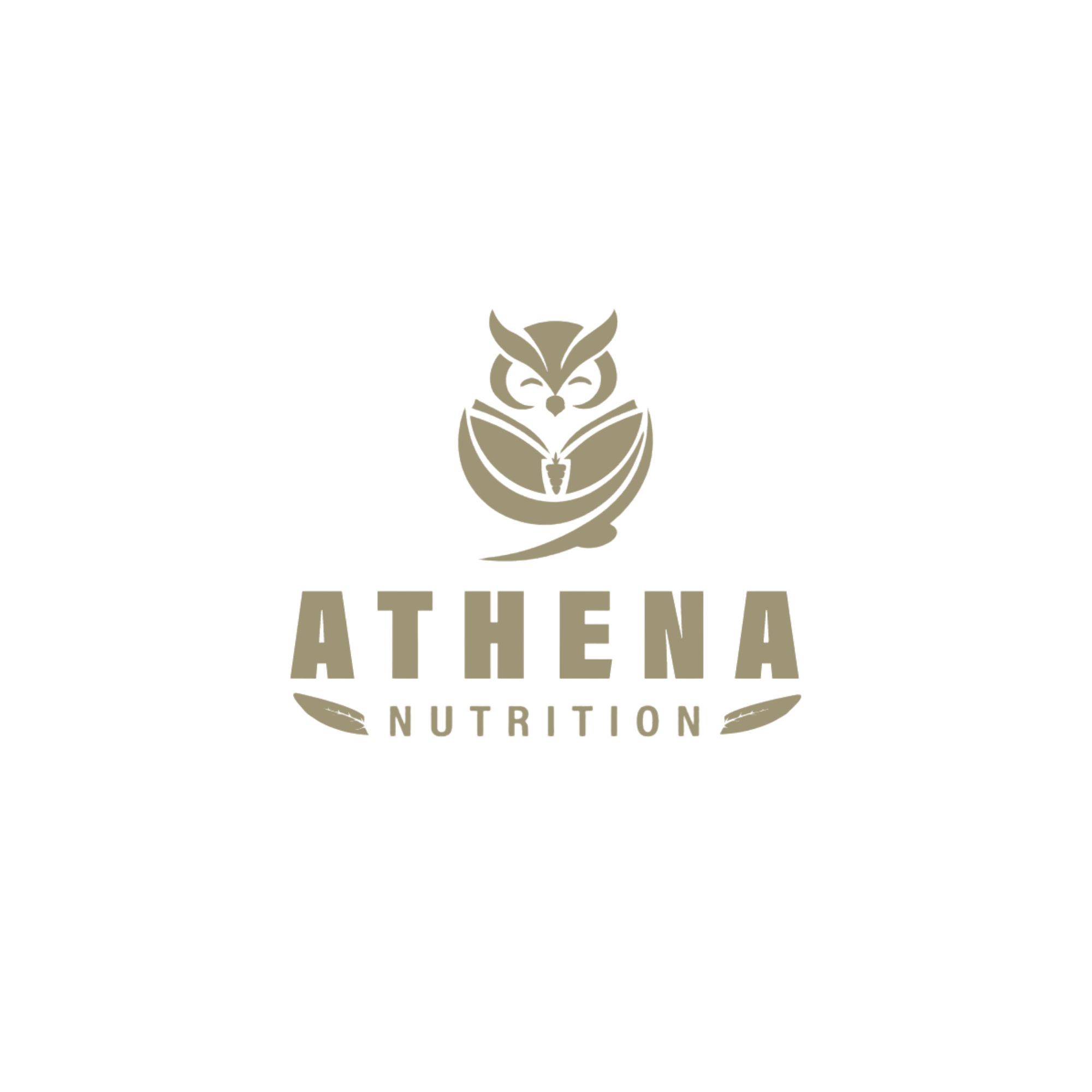 Logo for Athena Nutrition features an owl with open books for wings and a stylized body, with the text 'ATHENA' in bold uppercase and 'NUTRITION' underneath, all in a muted olive green color.